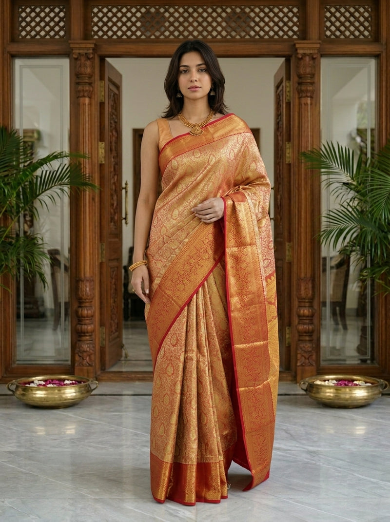 Woman wearing a traditional saree in an elegant indoor setting with wooden decor and plants.