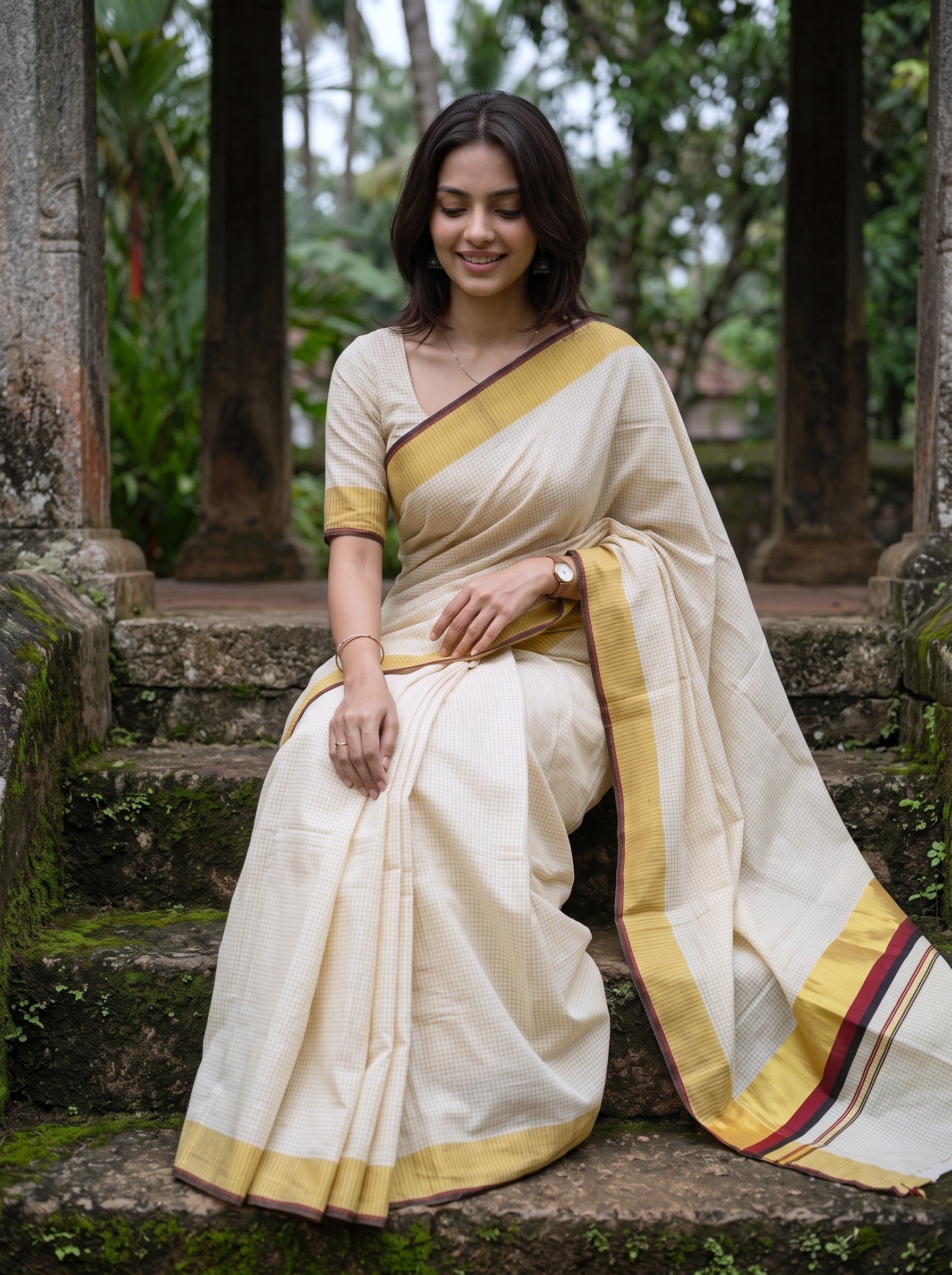 A woman wearing a cream-colored cotton saree with a mustard yellow border and a matching cream blouse, sitting on stone steps in an outdoor garden setting.