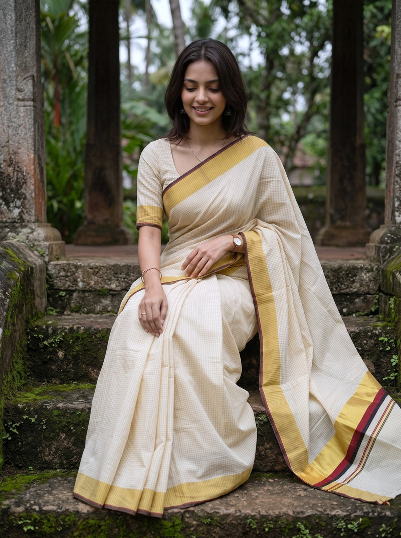 A woman wearing a cream-colored cotton saree with a mustard yellow border and a matching cream blouse, sitting on stone steps in an outdoor garden setting.