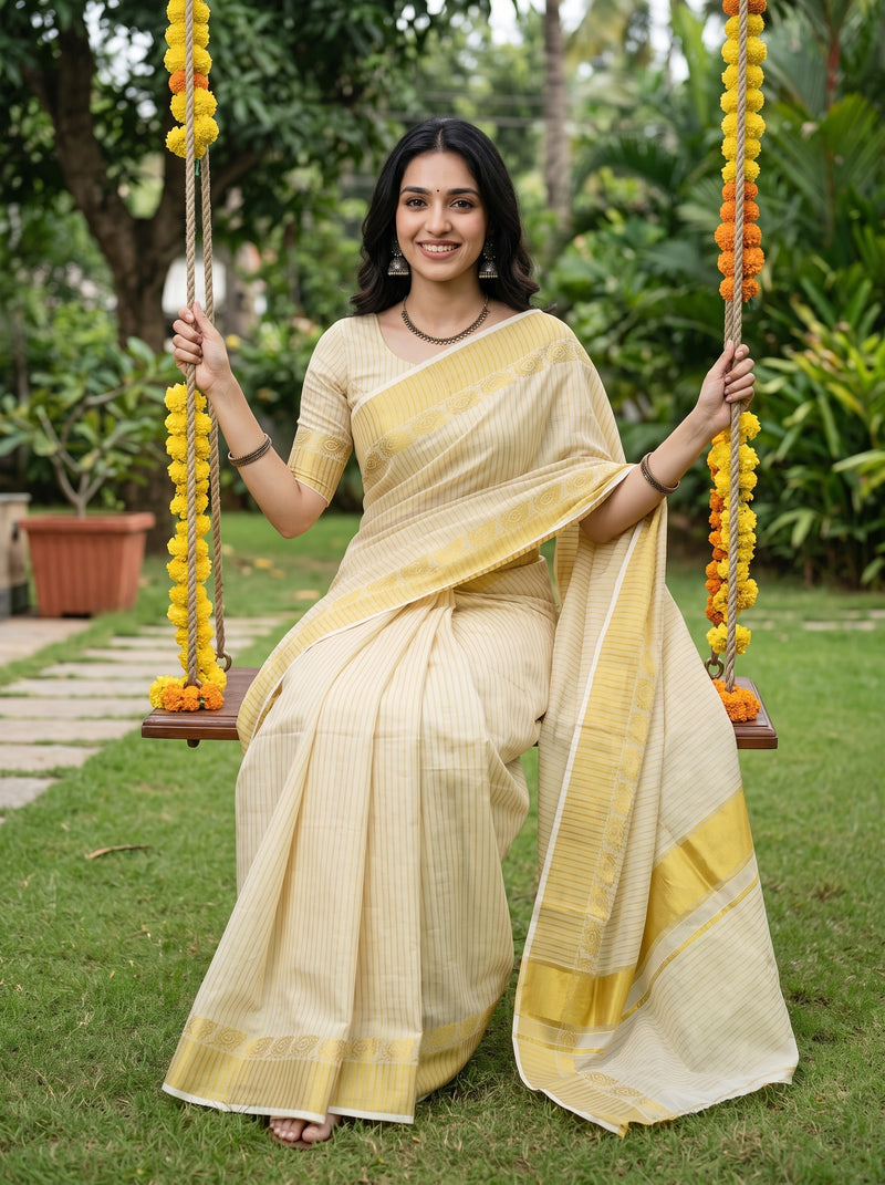 A woman wearing a cream and yellow striped cotton saree sits on a swing in a lush green garden. She is holding yellow marigold garlands, and the background features a well-maintained lawn and tropical foliage.