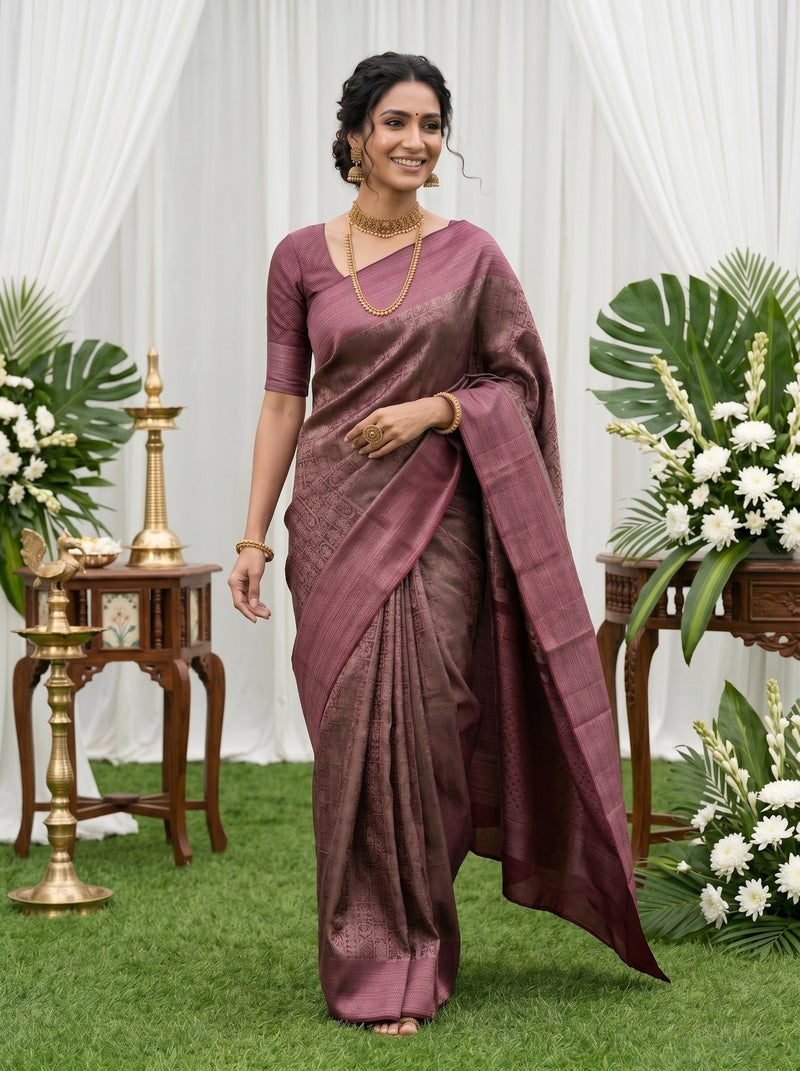 Woman in a maroon saree standing in a decorated indoor setting with flowers and greenery.