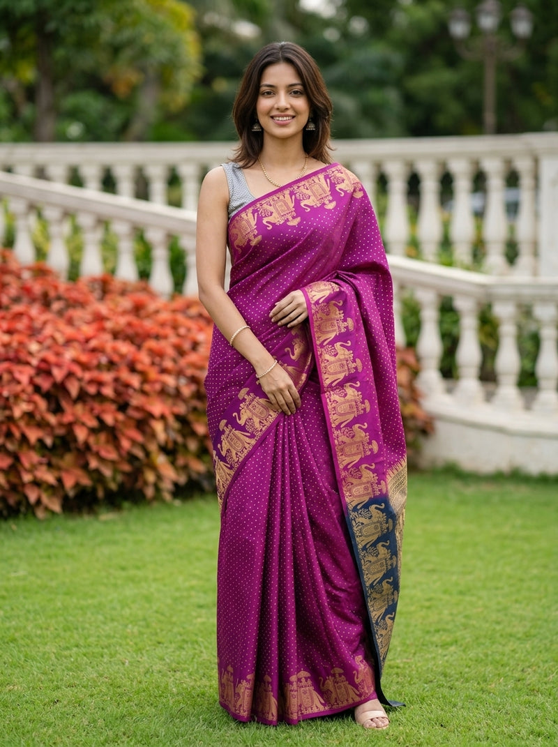 Woman in a purple saree with gold patterns standing outdoors on grass.