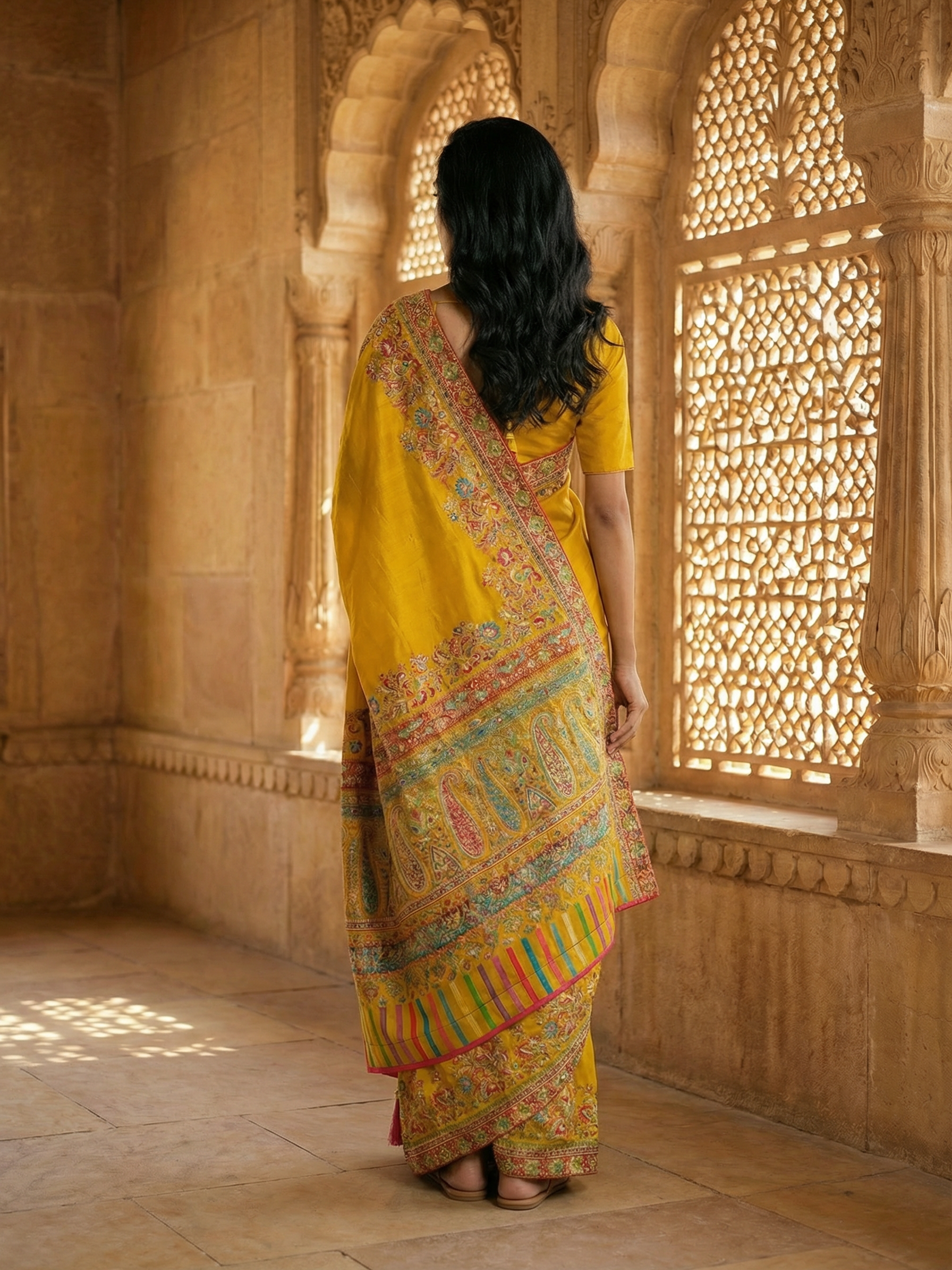 Georgette Banarasi  Mustard Yellow Multicolor Floral Border Saree