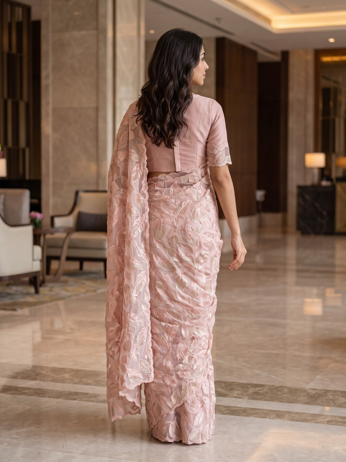 Organza Peach Saree with Golden Leaf Foliage Print
