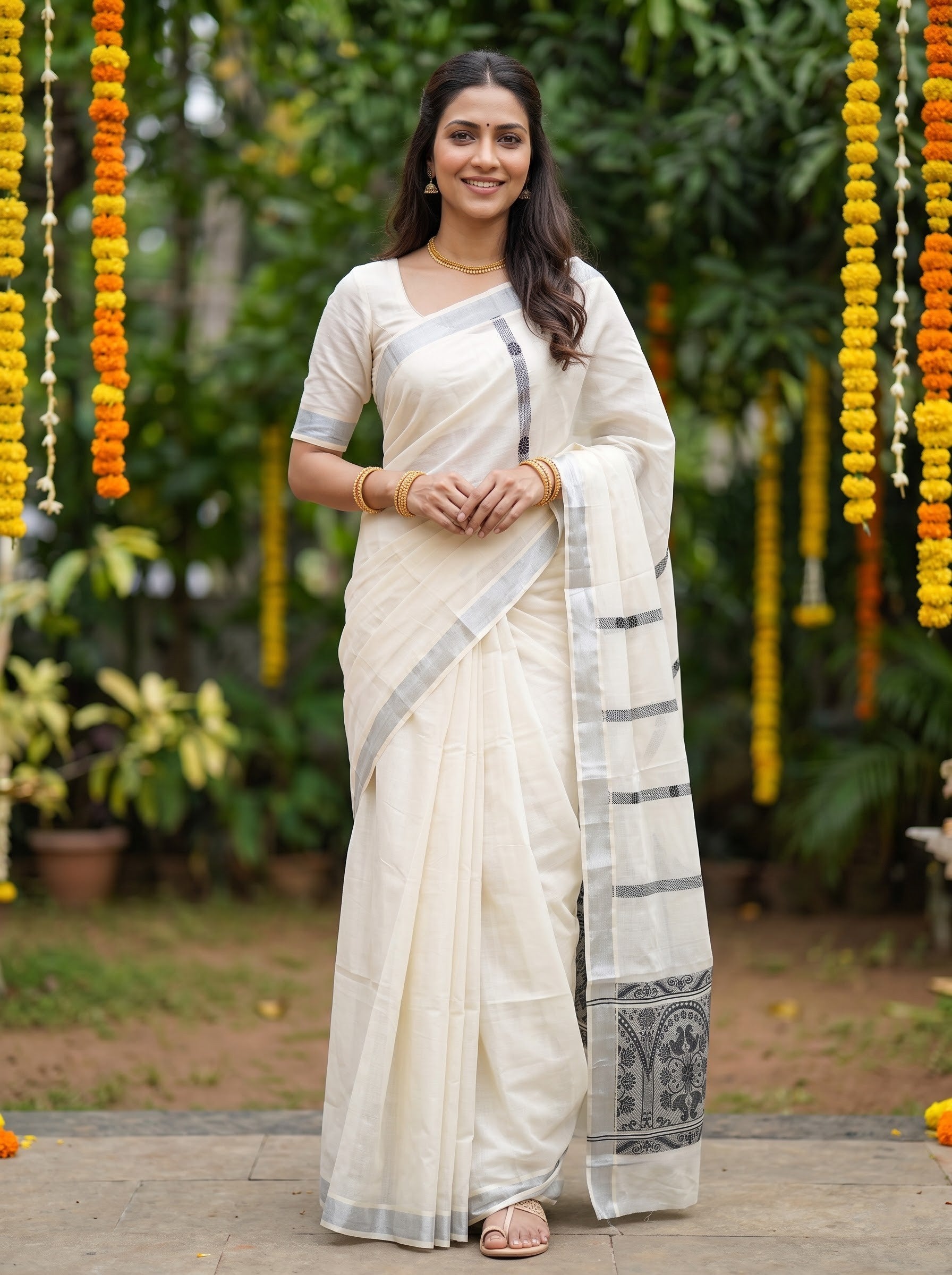 Cotton Off-White Silver Grey Zari Woven With Silver Border Onam Special Kerala Saree