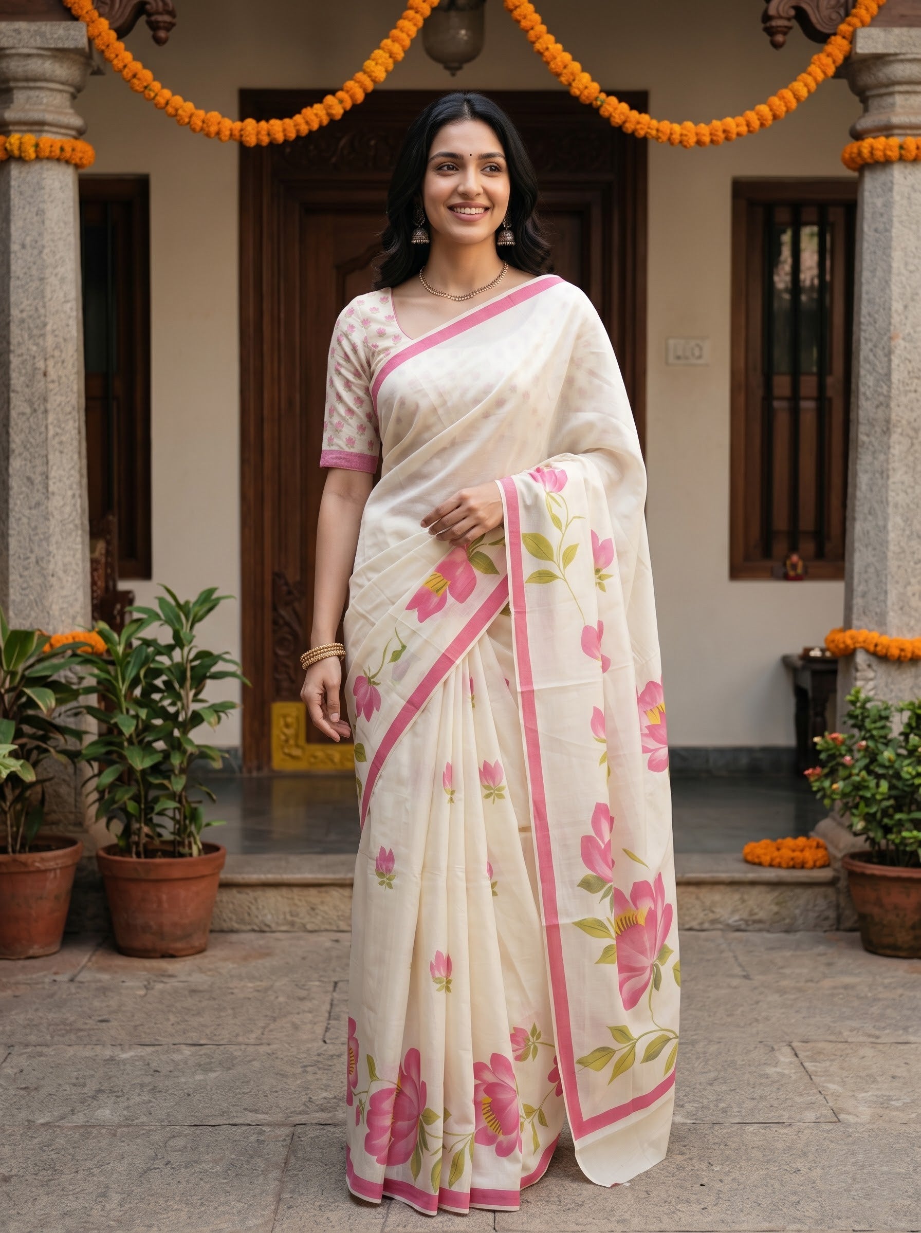 Cotton Cream Floral Print with Pink Border Onam Special Kasavu Kerala Saree