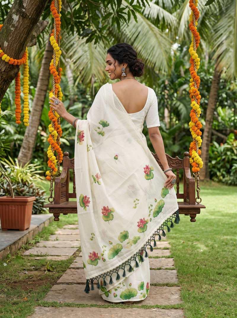 A woman wearing a white cotton saree with green lotus and pink lotus floral prints, standing on a stone path in a garden next to a wooden swing decorated with orange marigold garlands.