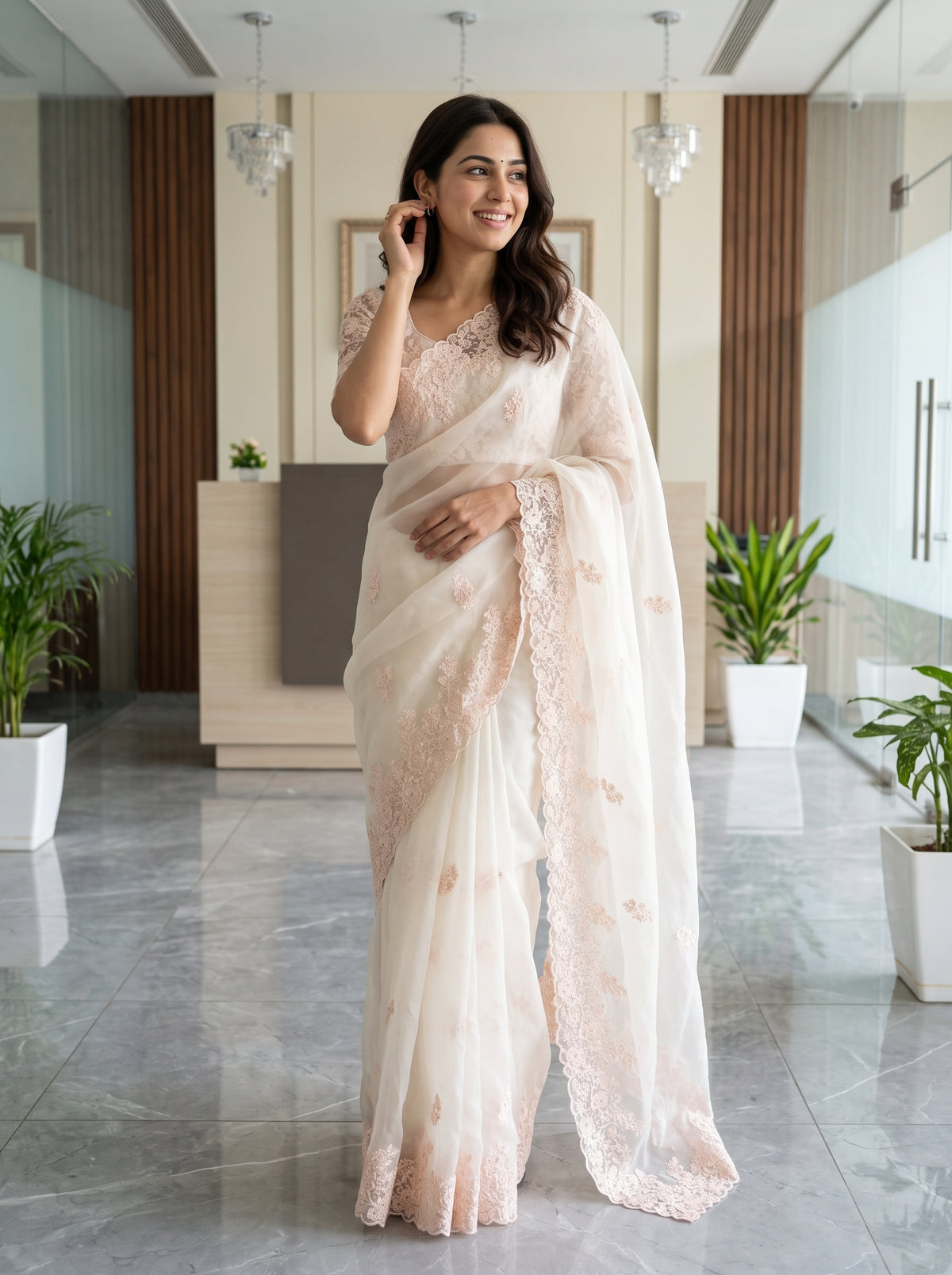 Organza White Saree with Scattered Floral Motifs and Scalloped Edge