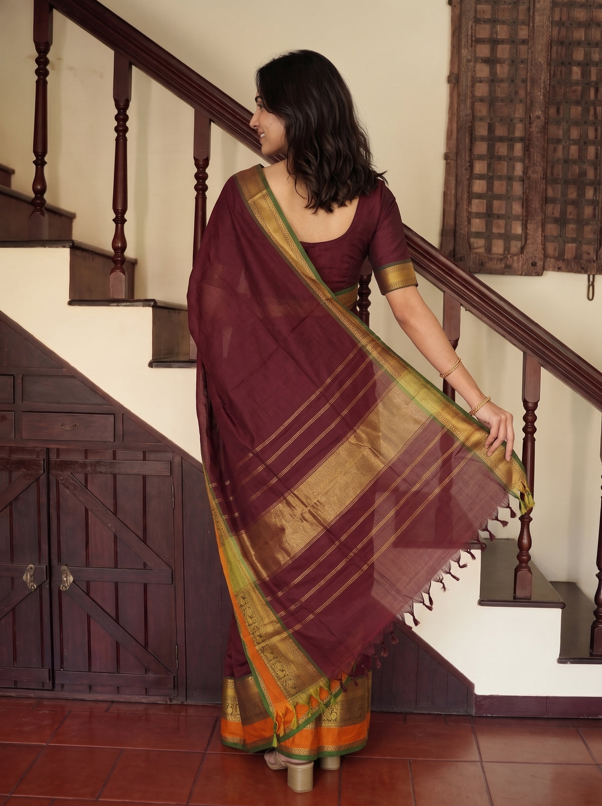 Cotton Silk Maroon Golden Zari Striped Pallu Saree with Peacock Motif Zari Border