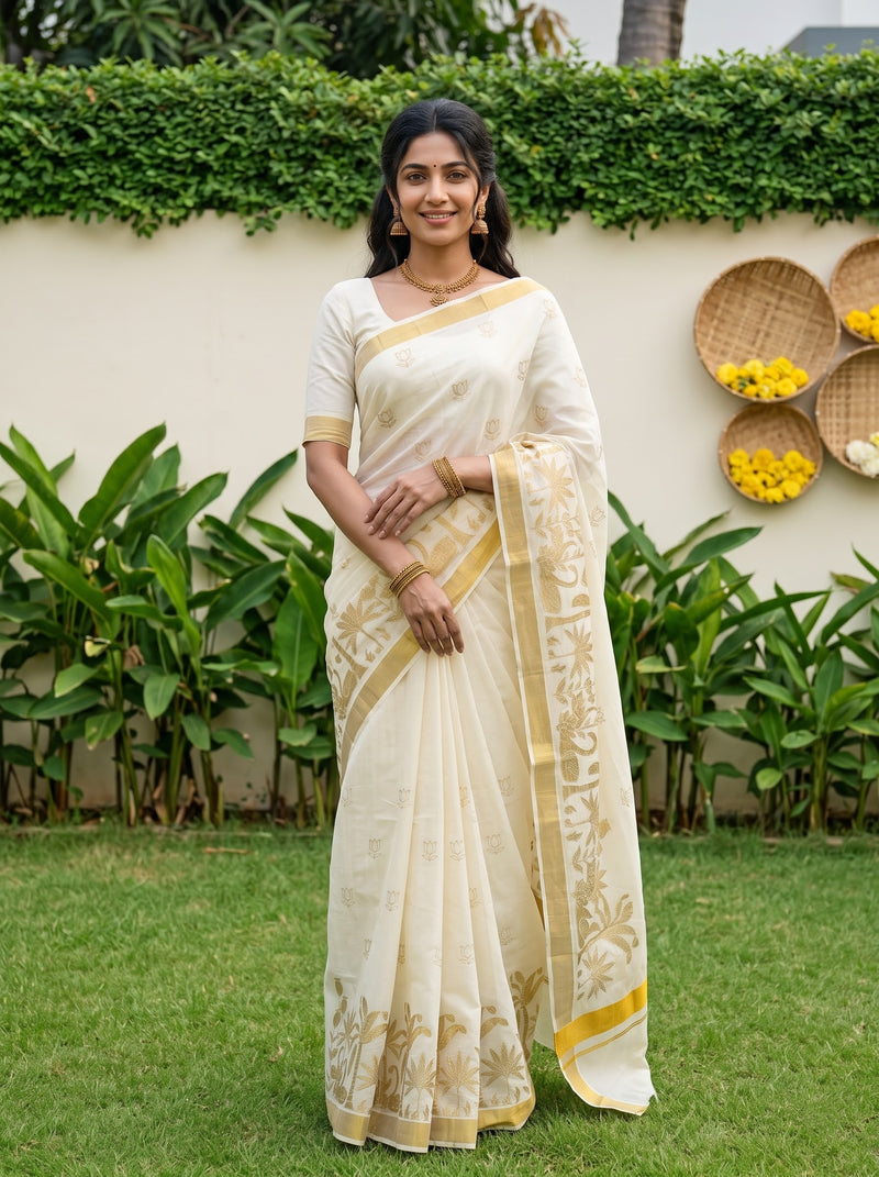 A woman stands outdoors on a lawn wearing a cream-colored saree with gold floral patterns and a matching cream blouse. The background features green plants, a beige wall, and decorative woven baskets with yellow flowers.