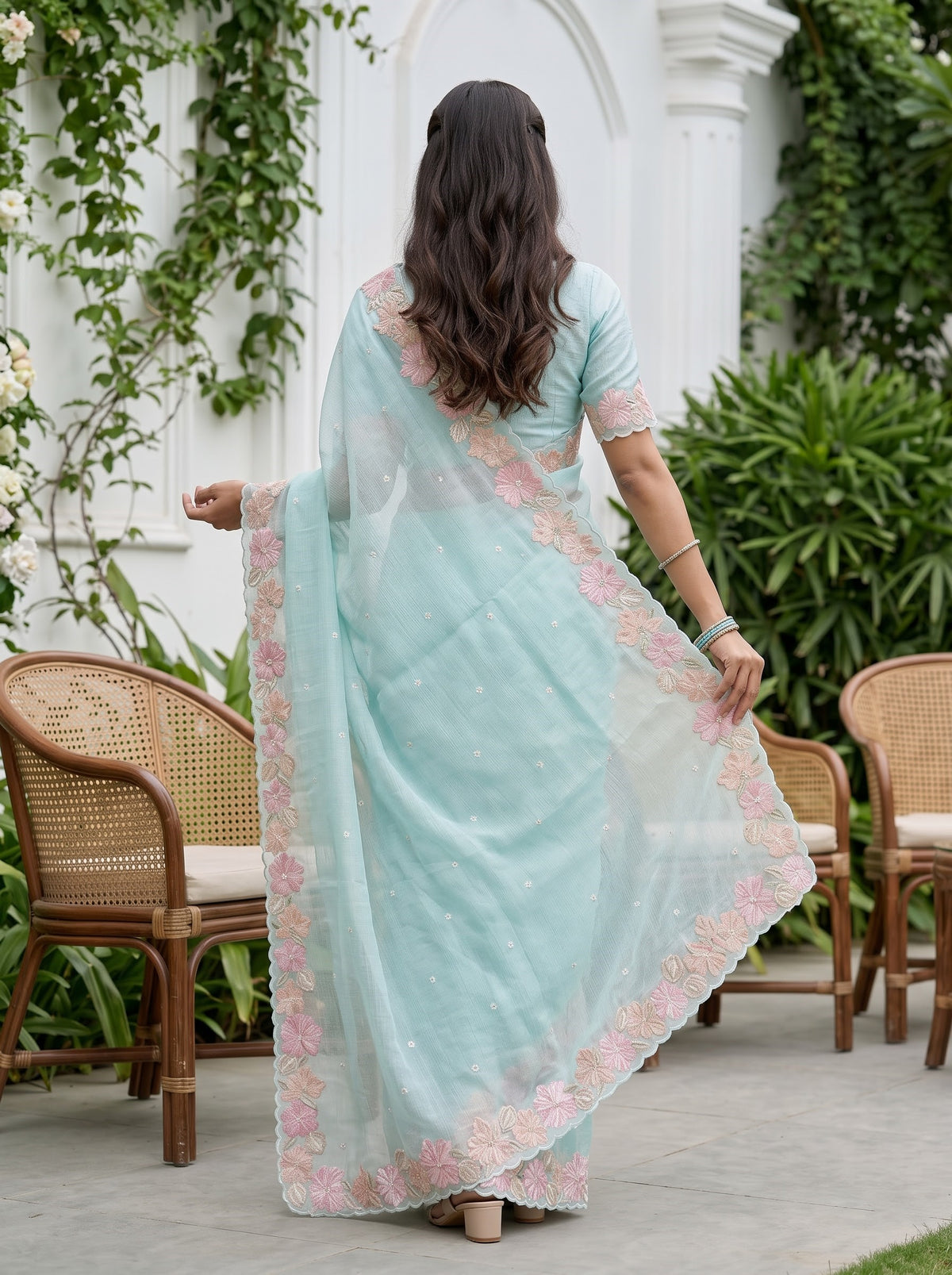 Organza Mint Green Saree with 3D Floral Embellished Border