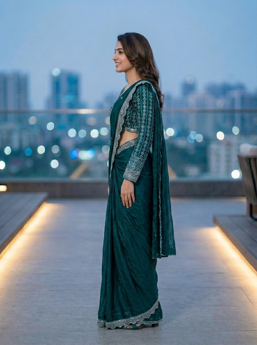Jimmy Choo Teal Blue Designer Ready-to-Wear Saree with Heavy Embroidered Full Sleeve Blouse