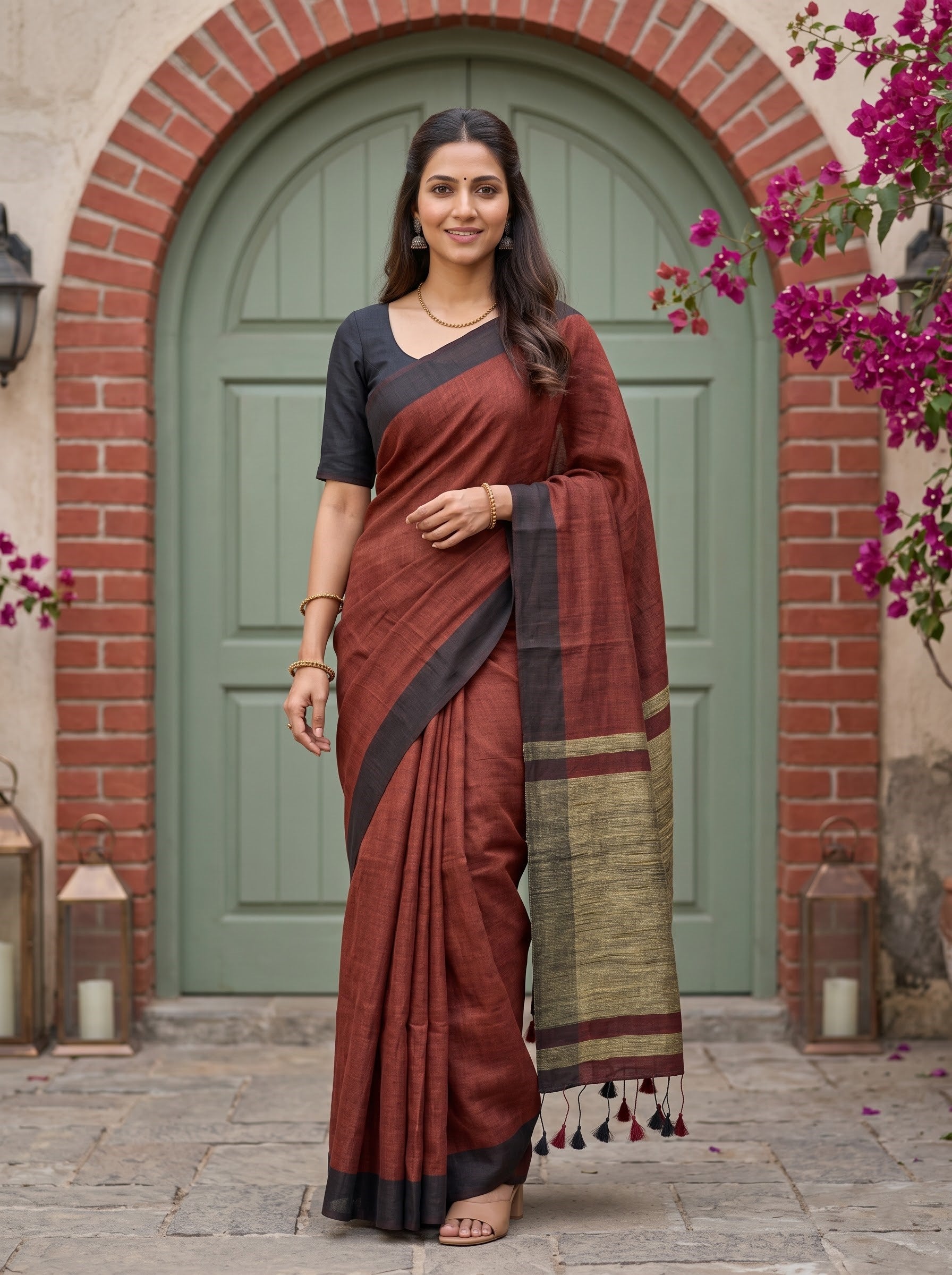 Linen Maroon Golden Zari Border Tasseled Saree