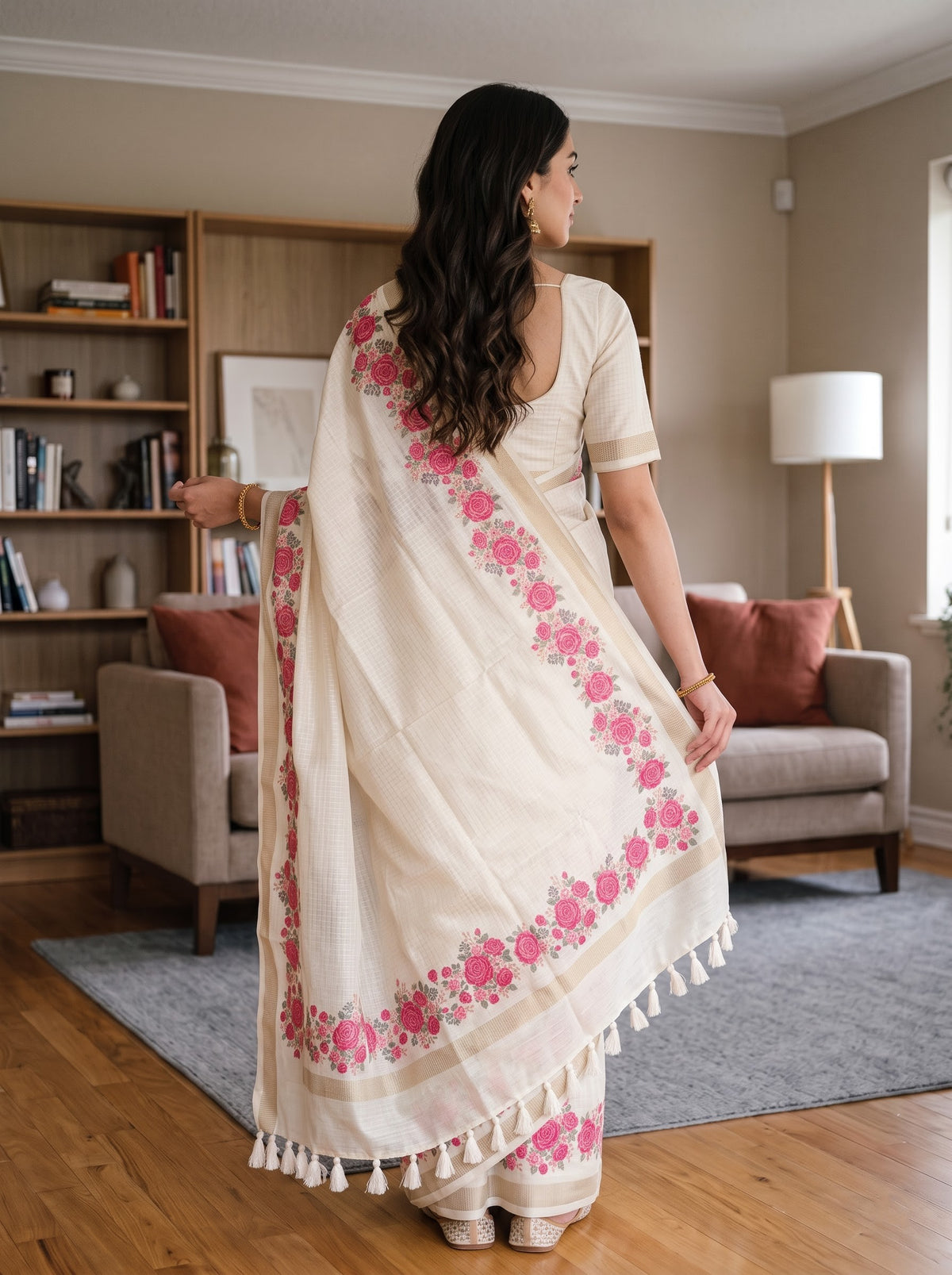 Semi Tussar Off White Saree with Rose Bouquet Printed Pallu  Zari Border and Tassel Detail