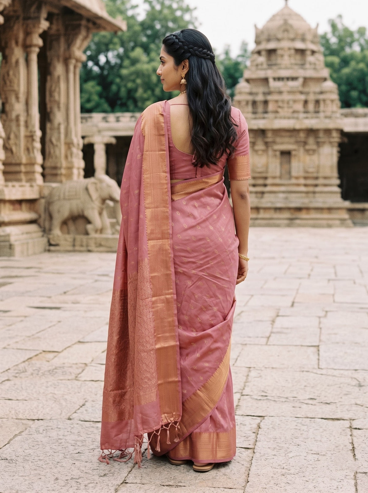 Semi Silk Dusty Rose Pink Copper Zari Jaal Pallu Saree