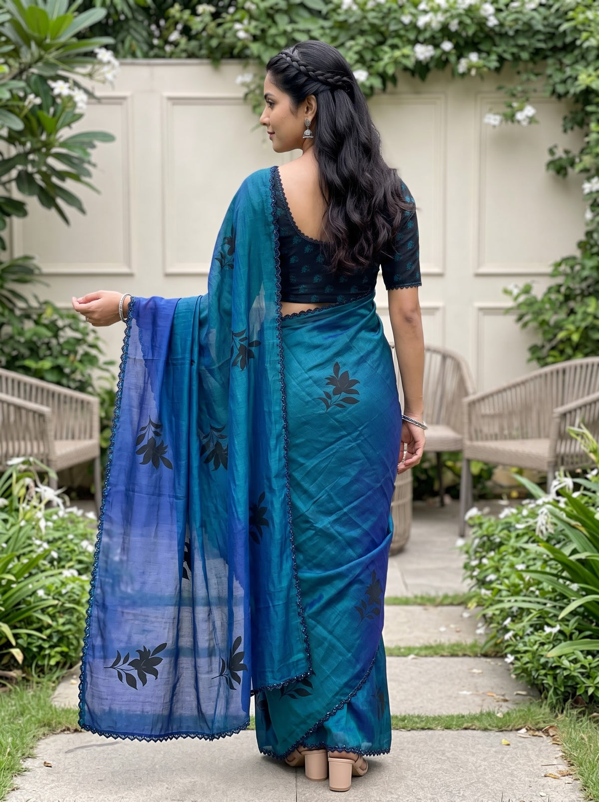 Organza Peacock Blue Black Lily Floral Butta Printed Saree with Beaded Zigzag Border