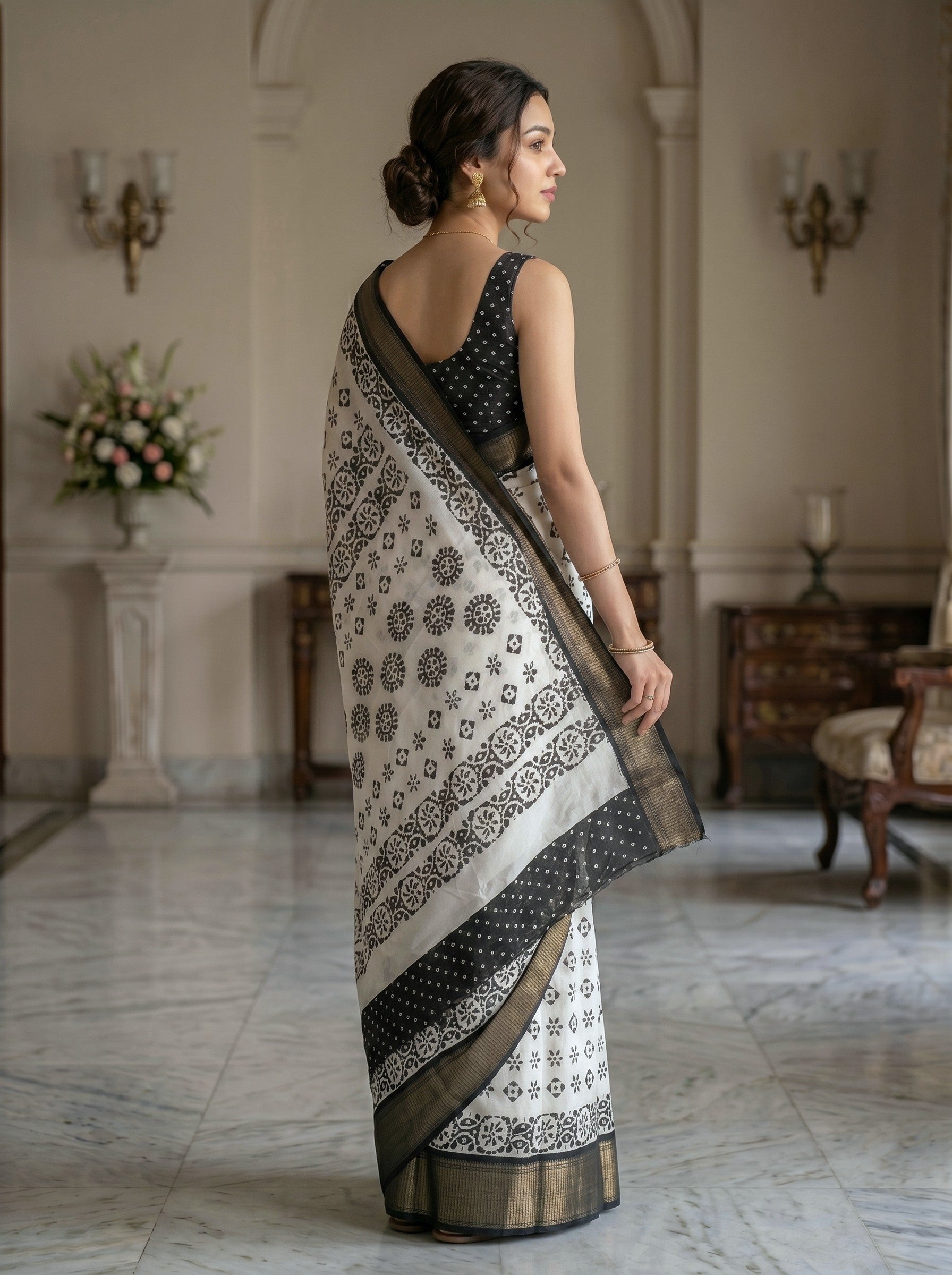 Synthetic White Black Floral Block Print Saree with Black Zari Border