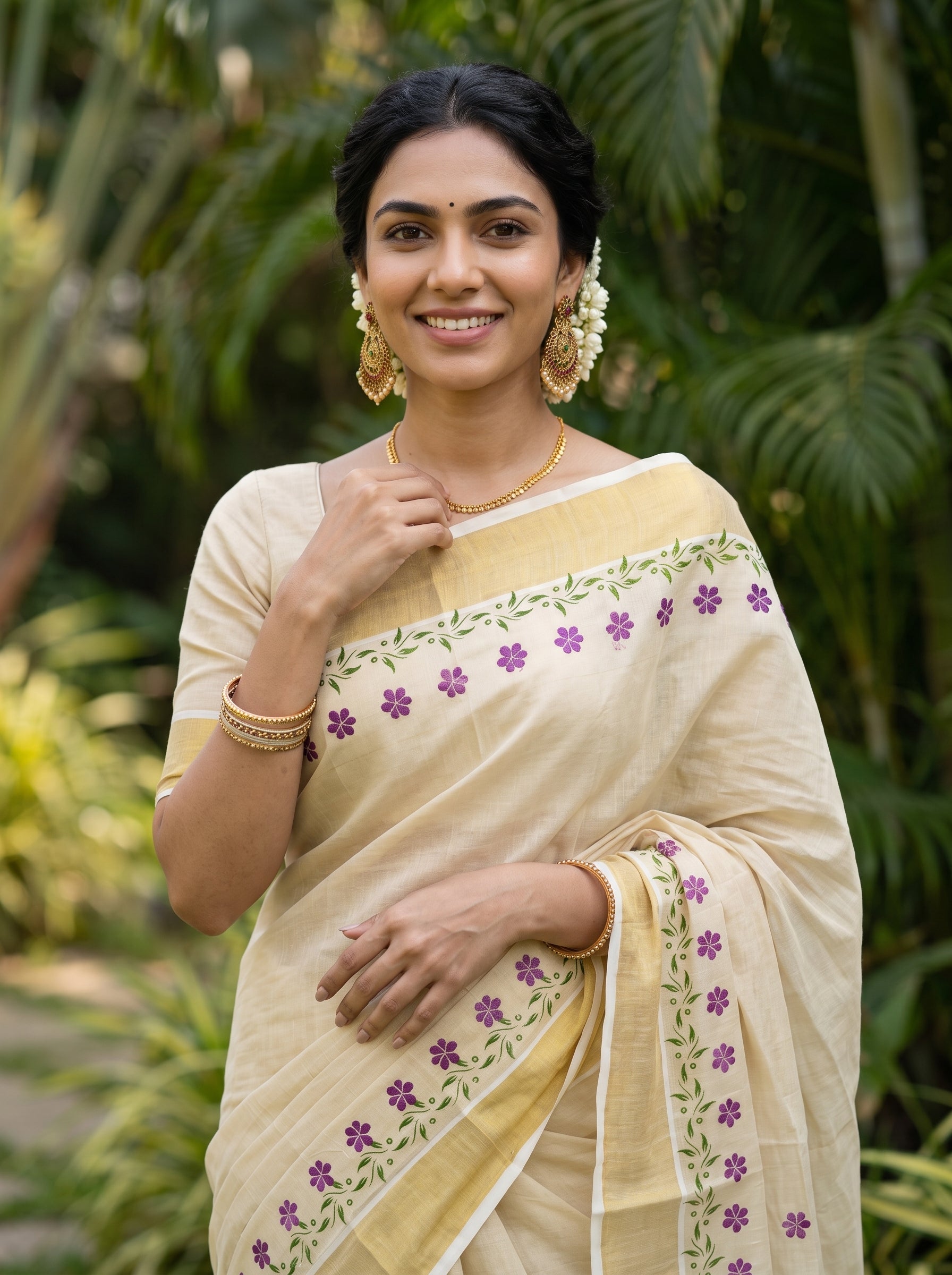 A woman wearing a light beige/cream saree with purple floral embroidery along the border, standing outdoors in front of a blurred green garden background.