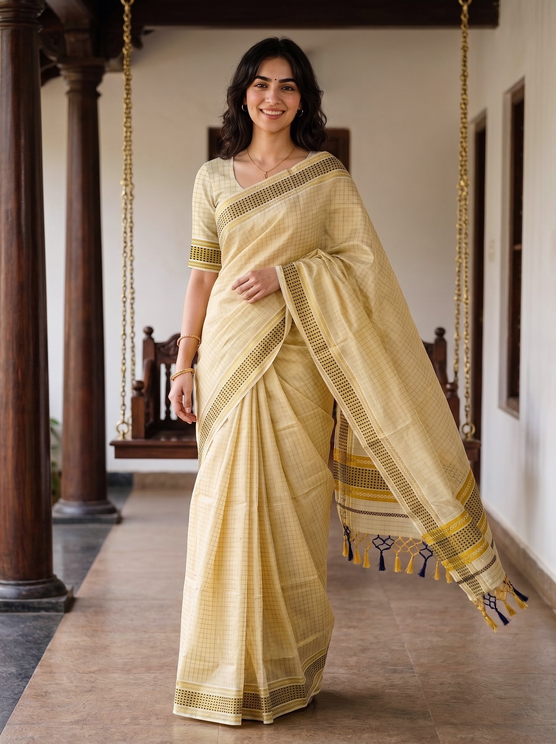 A woman modeling a light beige and yellow checkered saree with a matching printed blouse, standing in a traditional indoor corridor with hanging swing chairs.