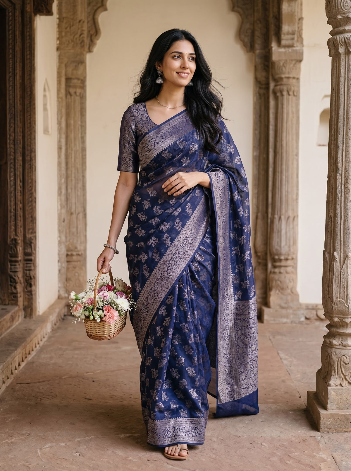 Banarasi Silk Navy Blue Floral Leaf Print Saree with Zari Border