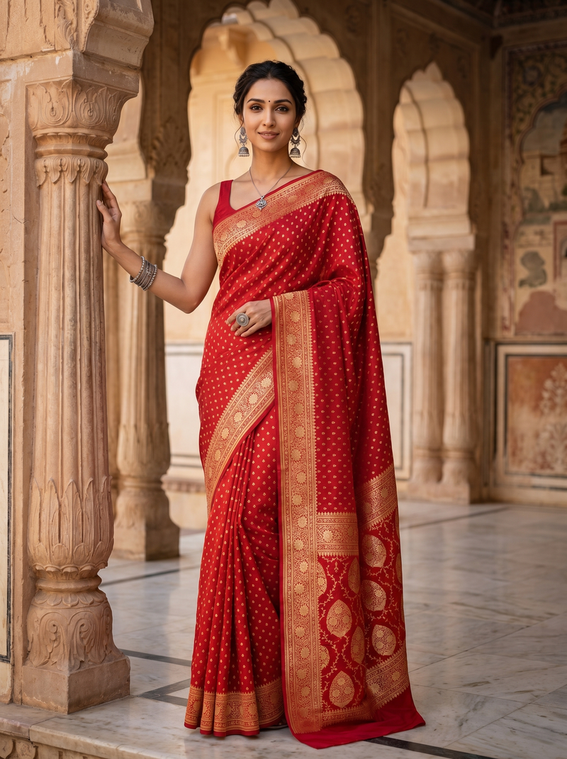 Woman in a red saree with gold patterns standing in an architectural setting.