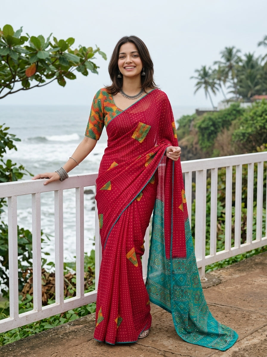 A woman wearing a red and teal saree with green and orange patterned sleeves stands on a balcony overlooking the ocean, holding the saree drape.