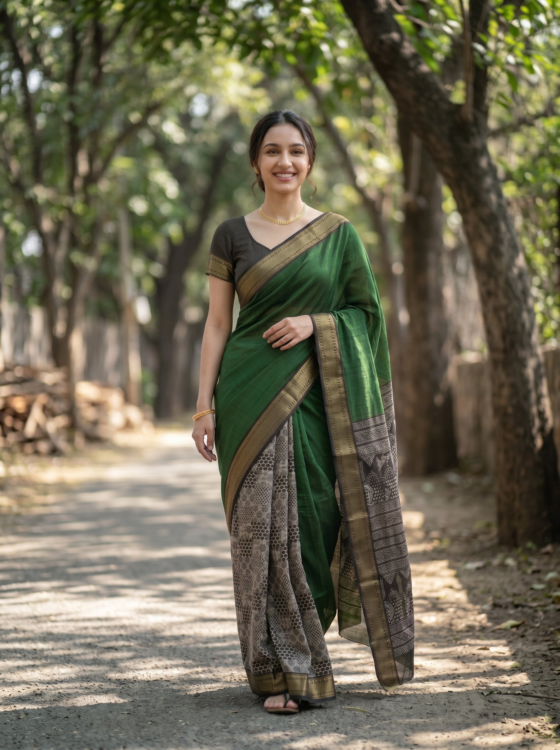 Woman in a green saree standing outdoors with trees in the background