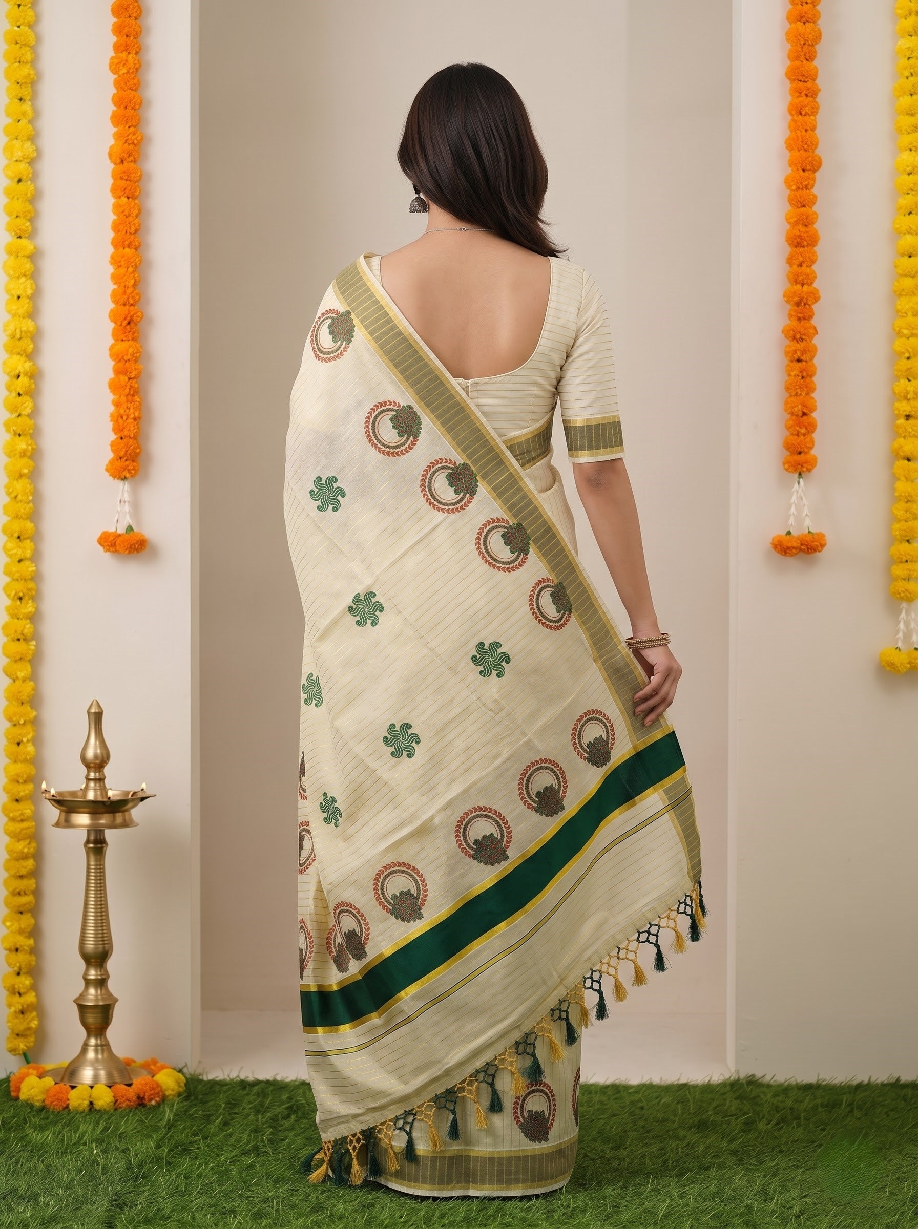 Tissue Golden Pinstripe with Floral Medallion Print and Olive Border Onam Special Kerala Saree