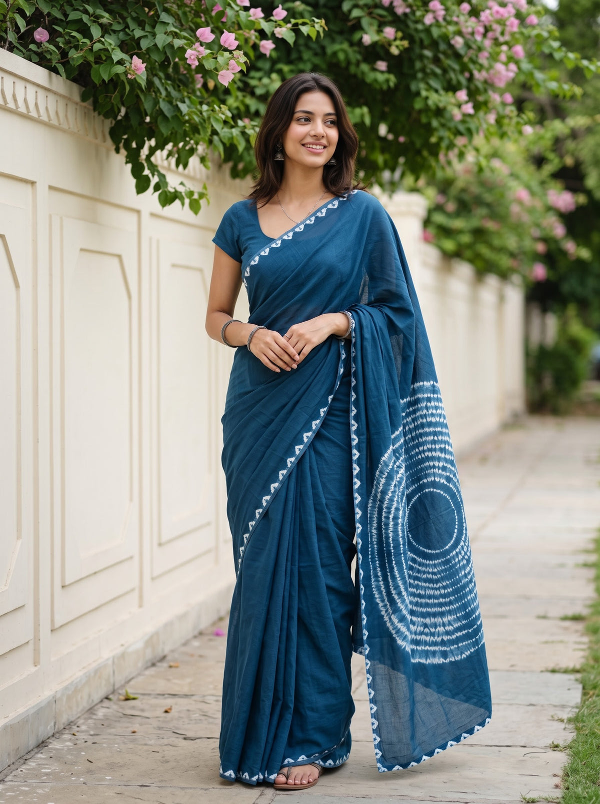 Modal Teal Blue Shibori Tie and Dye Circle Pallu Saree with Hand Block Print