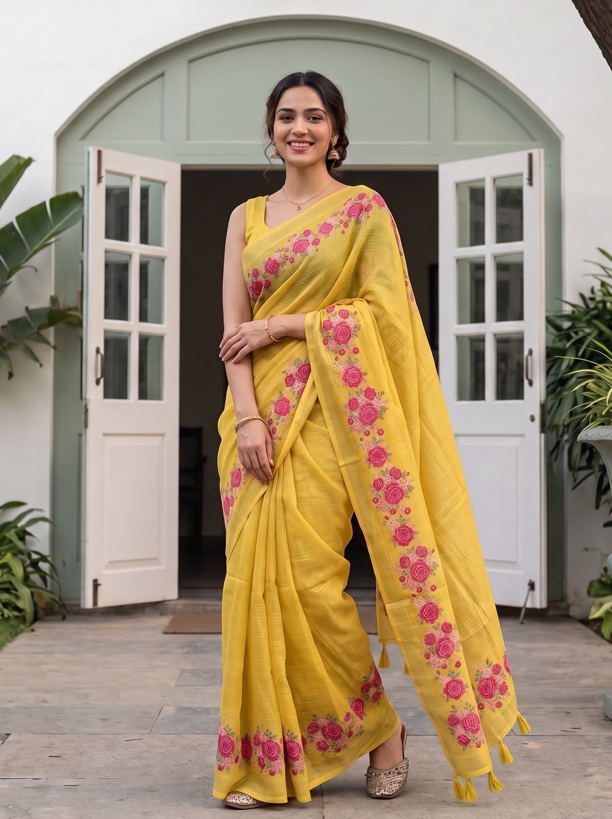 Semi Tussar Mustard Yellow Saree with Pink Rose Floral Print Pallu and Tassels