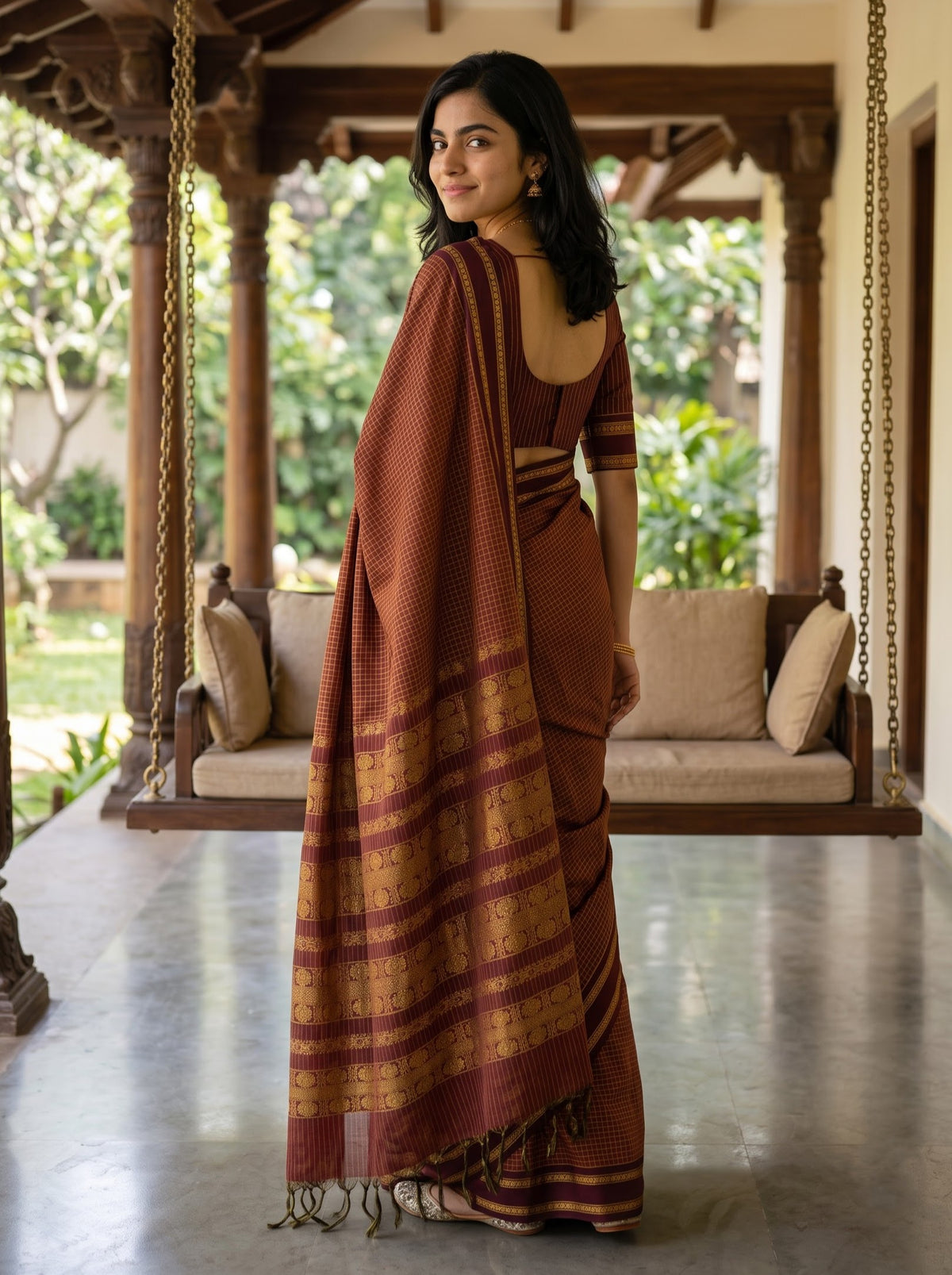 Kalyani Cotton Maroon Golden Zari Checks Woven Medallion Pallu Temple Border Saree
