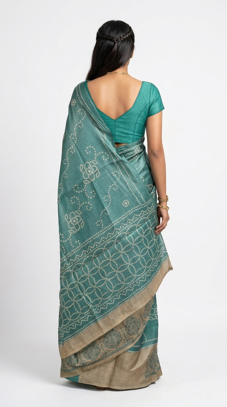 Cotton Teal Green Bandhani Style Saree