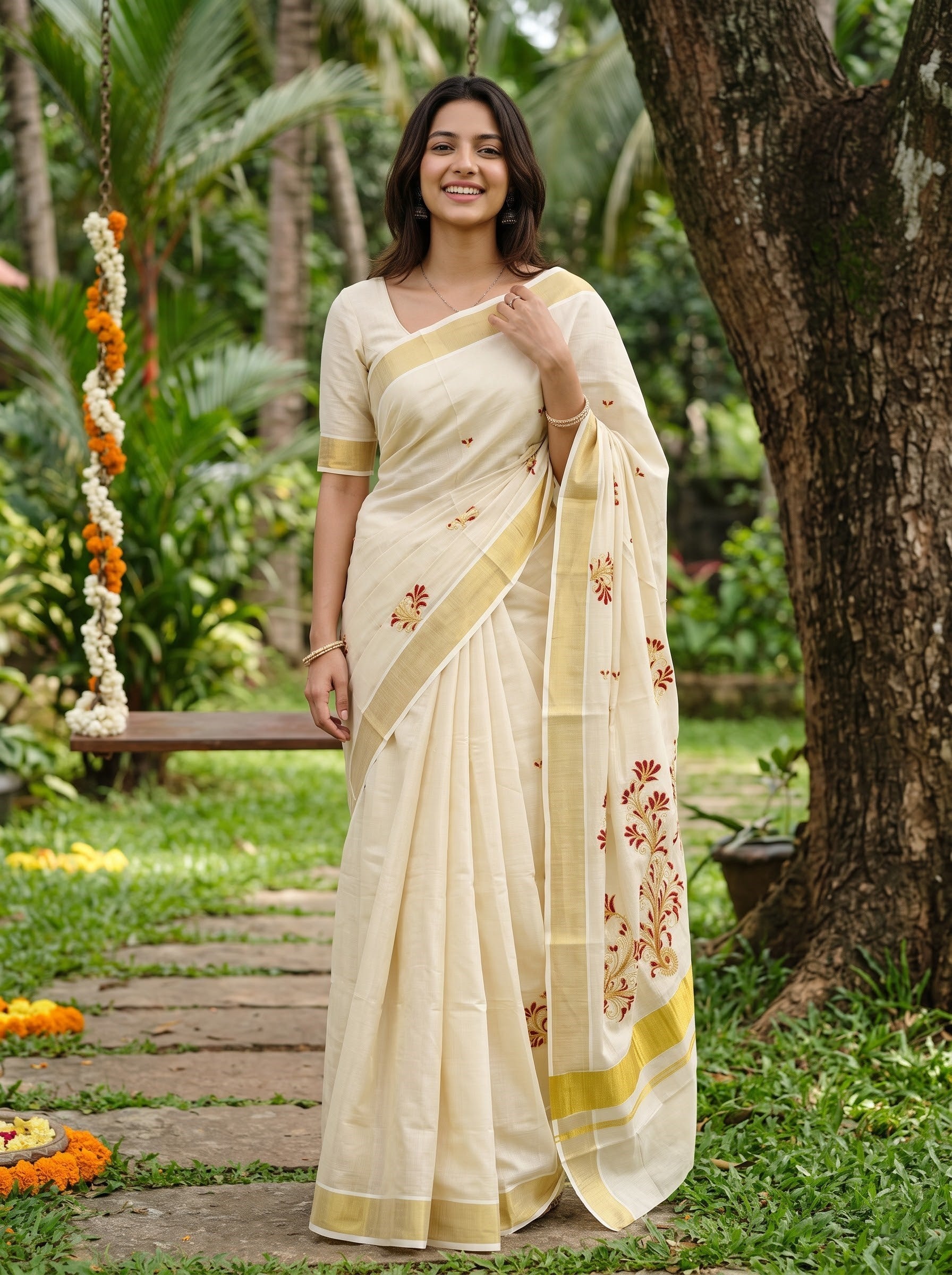 Tissue Cream Maroon Gold Embroidered Floral Onam Special Kerala Saree