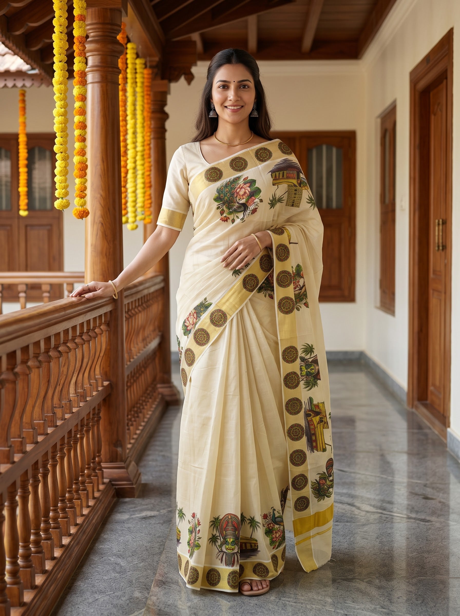 Tissue Cream Multicolor Kerala Heritage Print Onam Special Kerala Saree