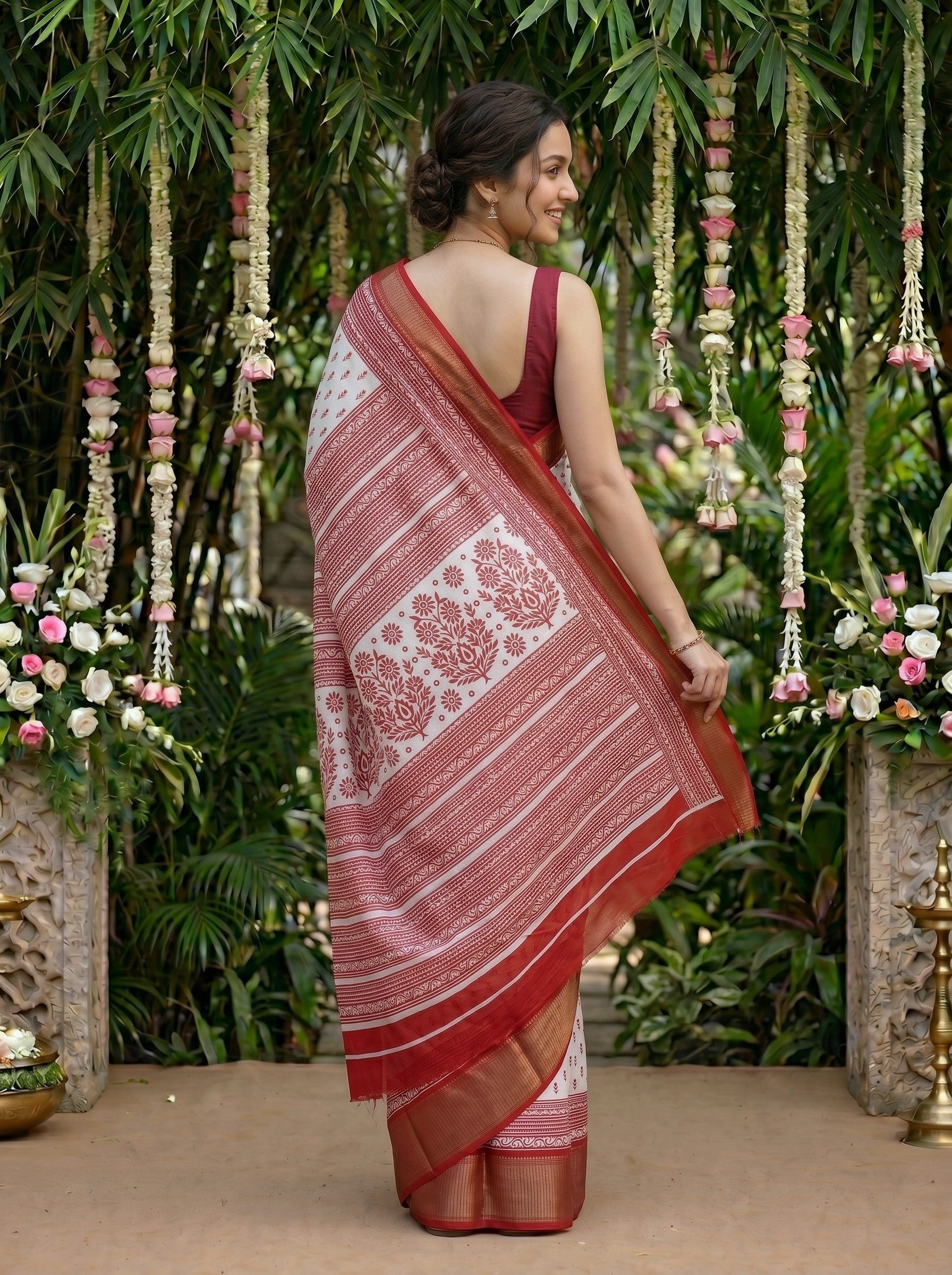 Synthetic White Red Hand Block Print Saree with Leaf Motifs