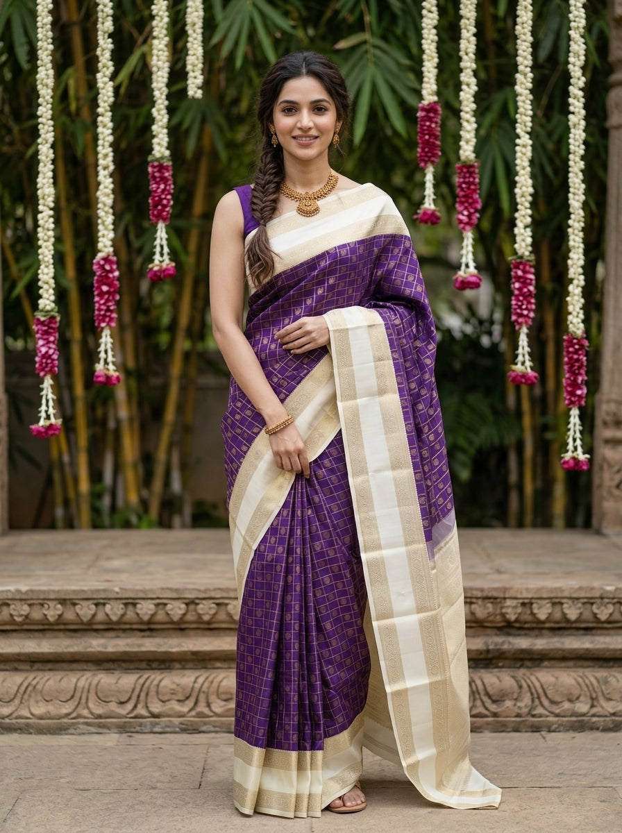 Woman in a purple and white saree standing in front of decorative hanging flowers.
