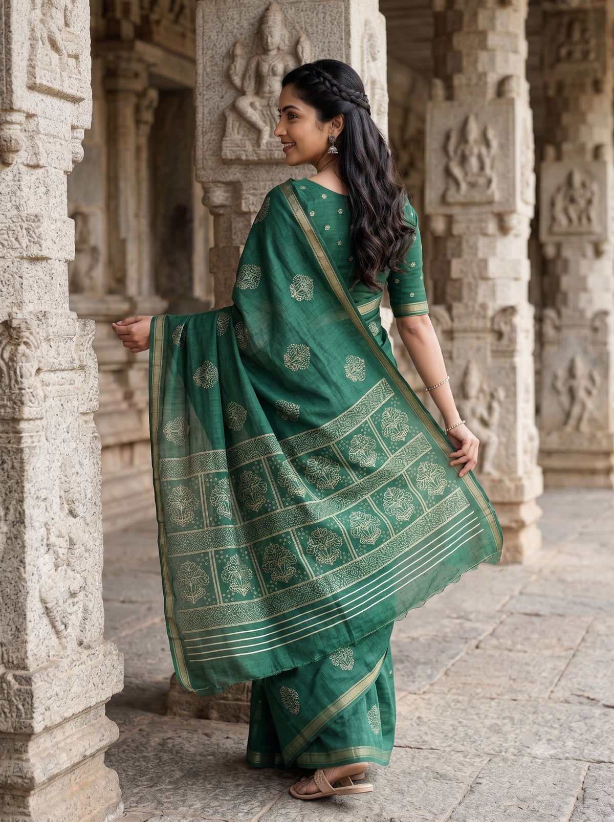 Semi Tussar Forest Green Saree with Traditional Tulip Floral Block Pallu and Zari Edge