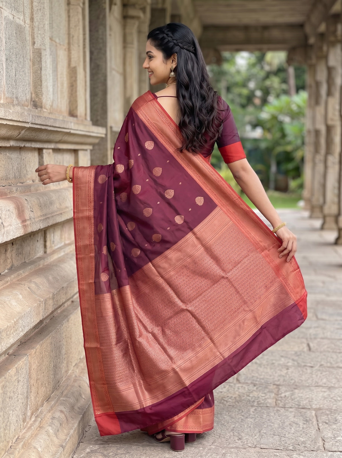 Semi Silk Wine Maroon Zari Woven Saree with Large Leaf Butta Body, Red Border and Woven Pallu
