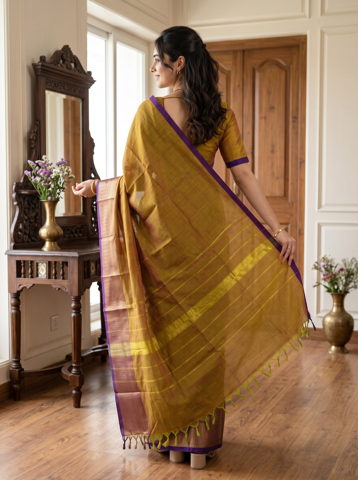Cotton Silk Mustard Olive Golden Zari Striped Pallu Saree with Purple Border