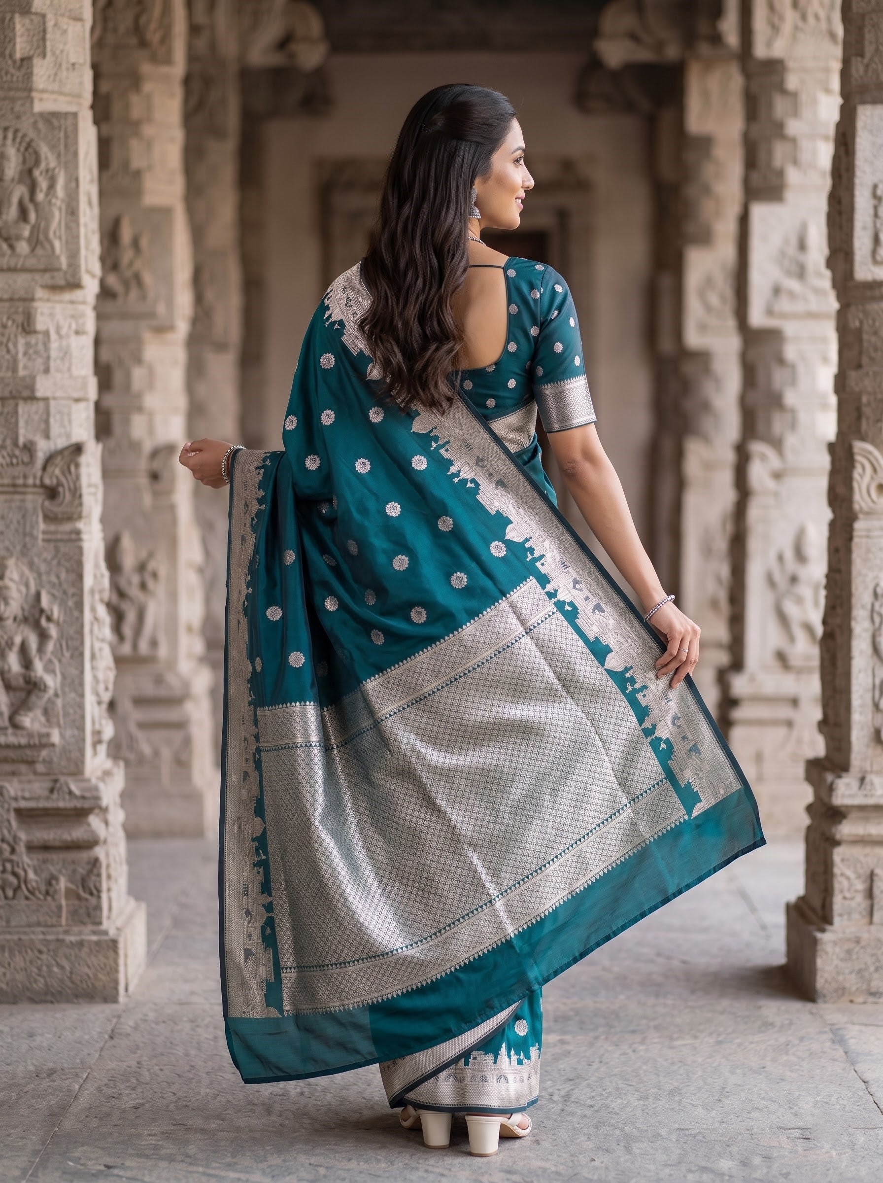 Banarasi Dark Teal Green Saree with Intricate Zari Geometric Pallu