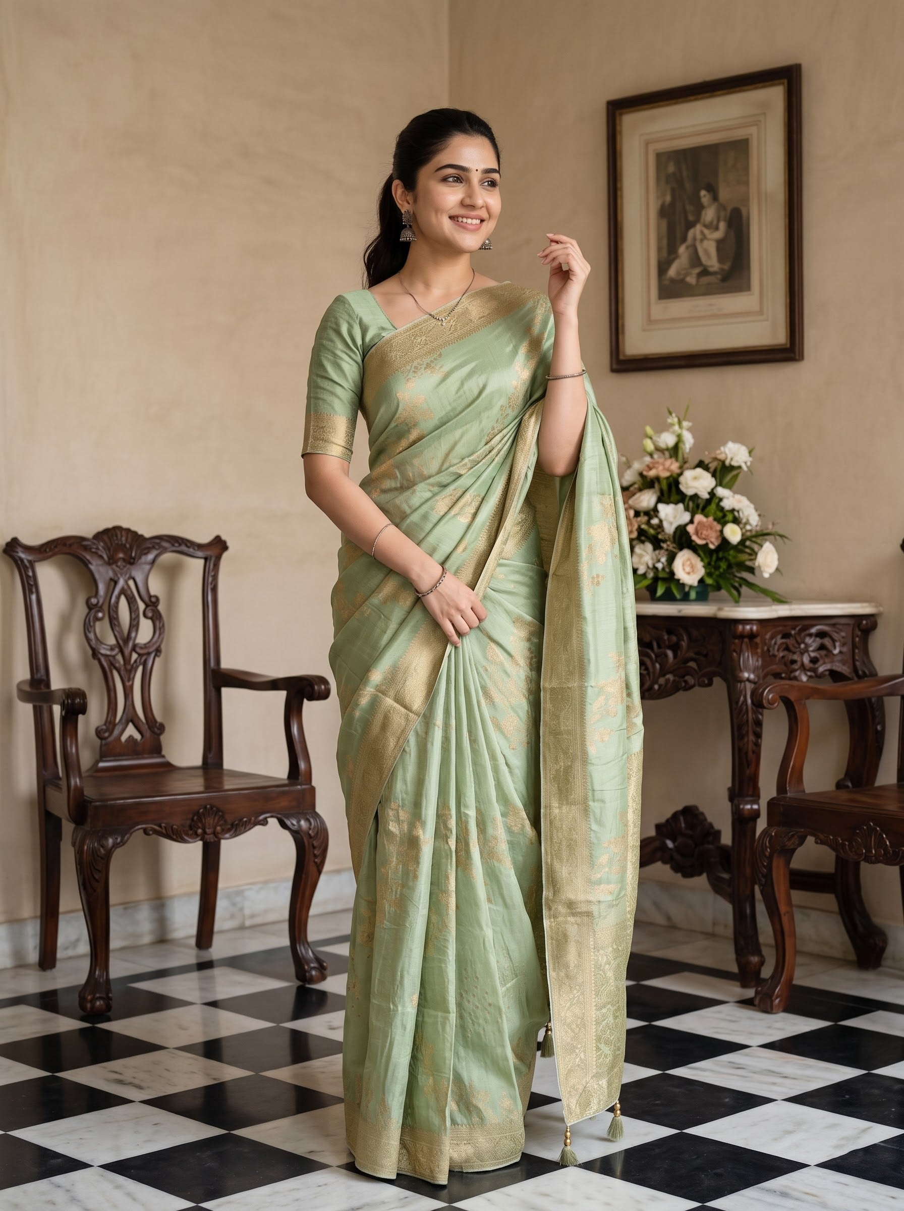 Banarasi Silk Pista Green Allover Floral Saree with Antique Gold Border