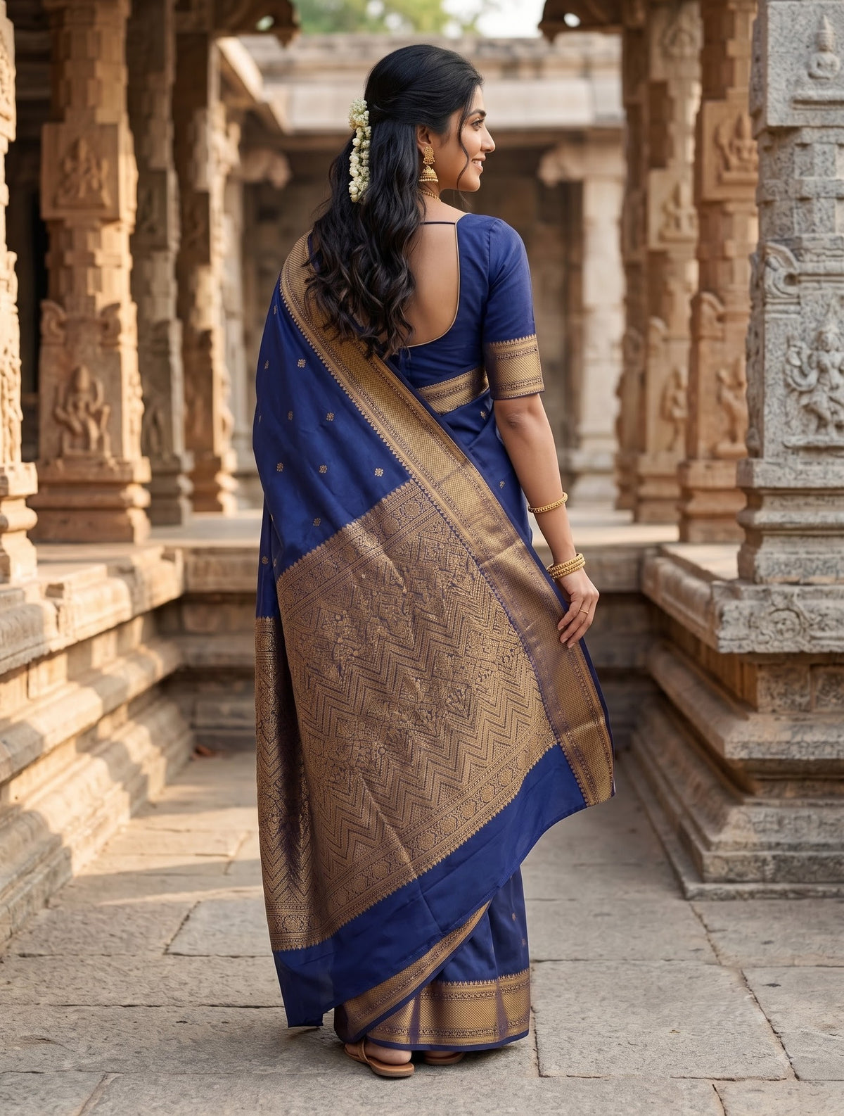 Semi Silk Navy Blue Saree with Golden Zari Woven Pallu and Butta Body
