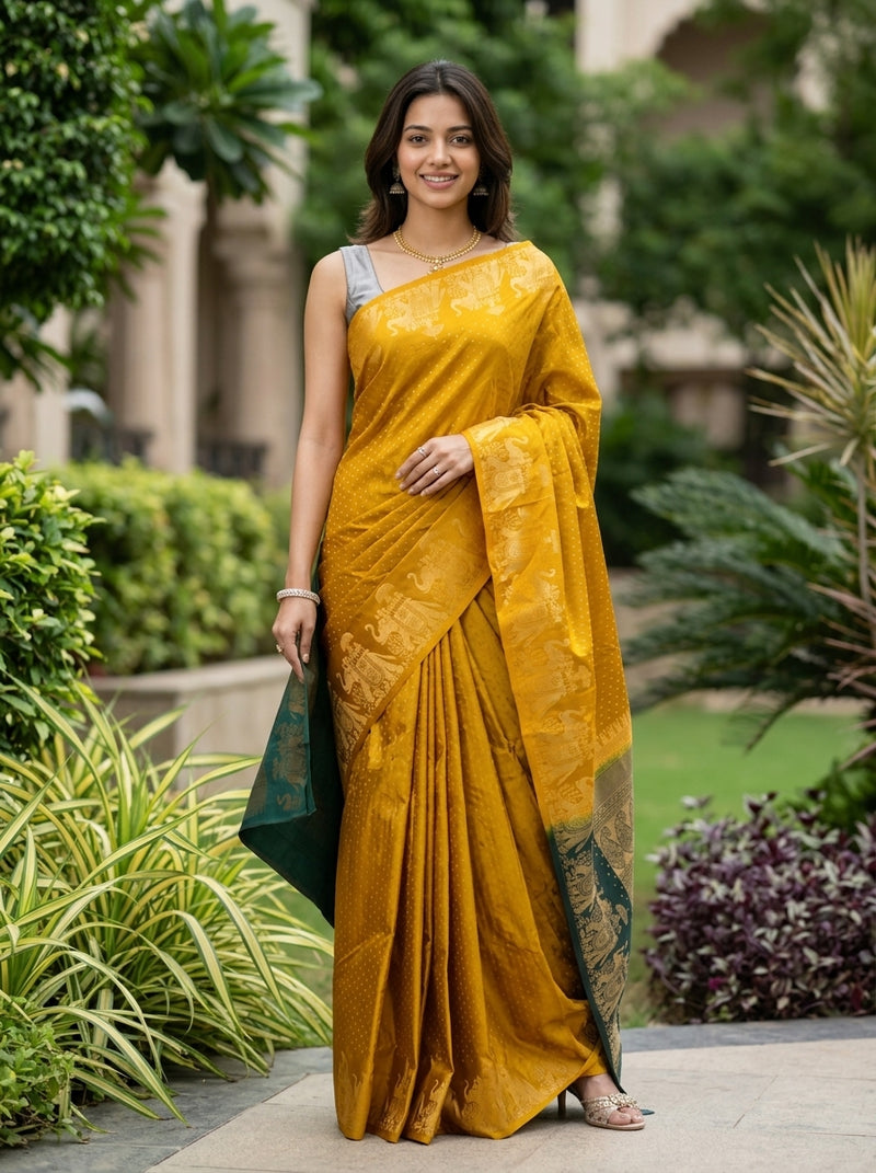 Woman in a yellow saree standing outdoors with greenery in the background