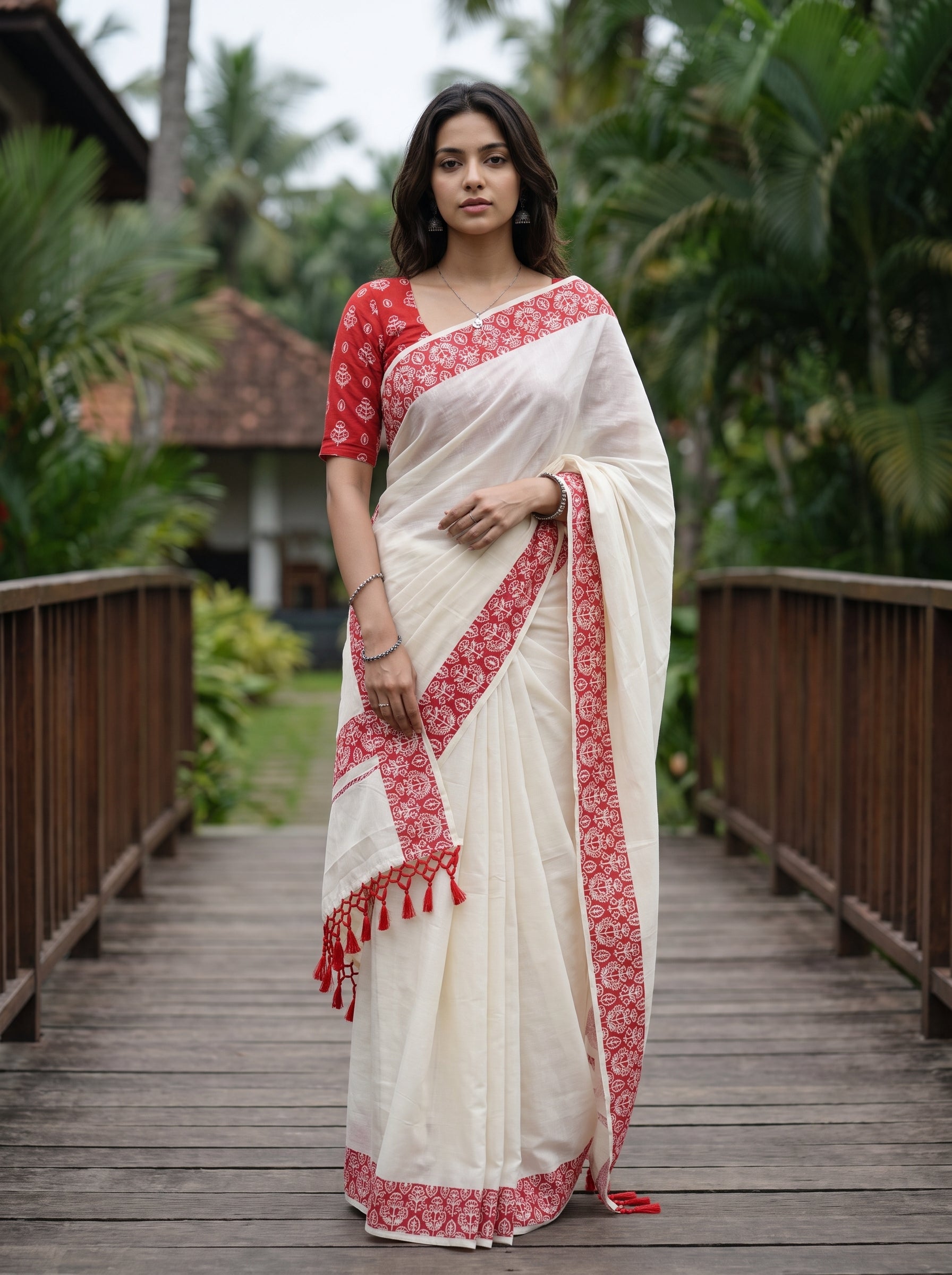A woman stands on a wooden bridge wearing a white saree with red border patterns and a red printed blouse, surrounded by green tropical foliage.