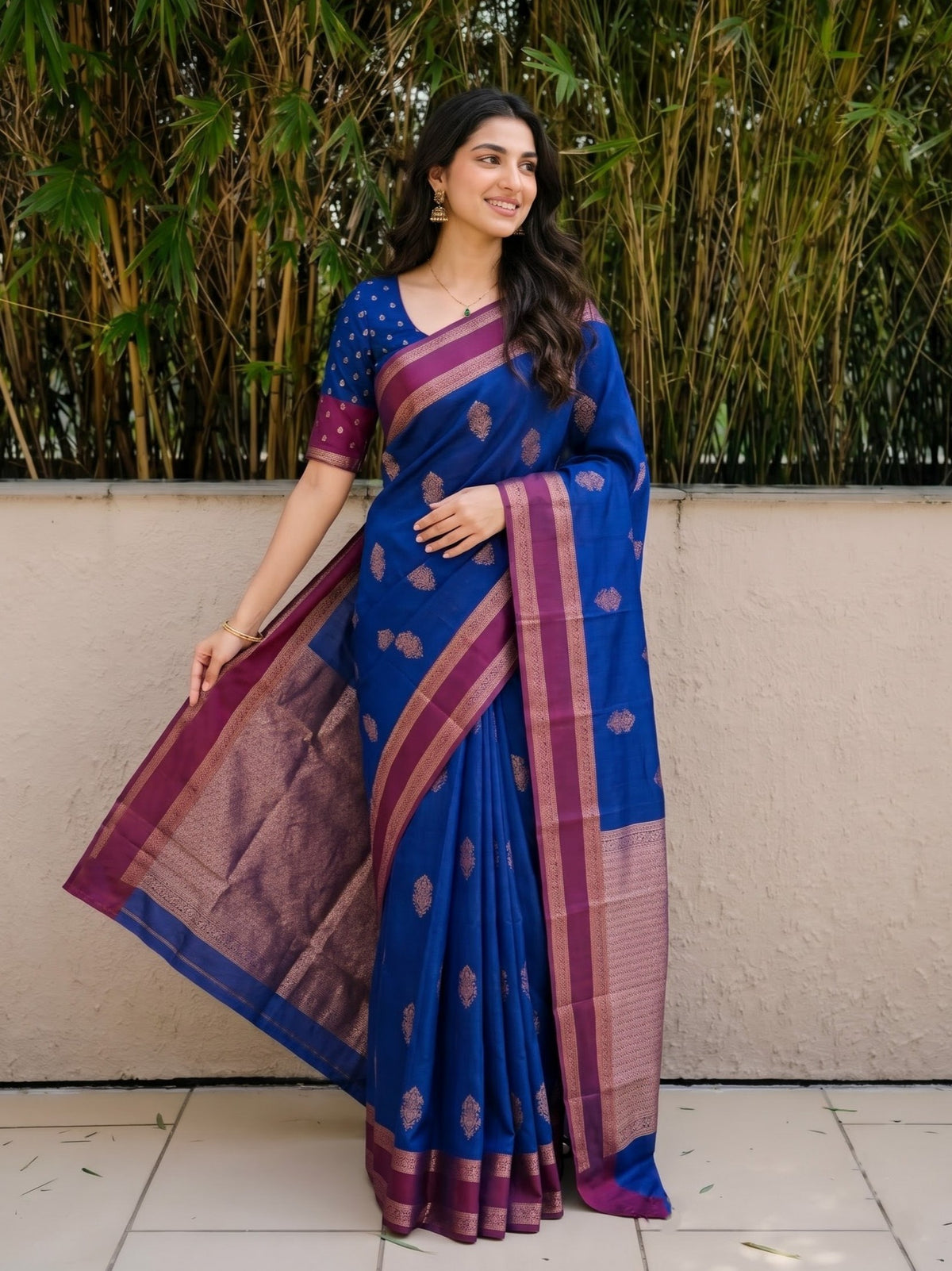 Semi Silk Royal Blue Copper Zari Butta Saree with Magenta Contrast Border and Rich Zari Jaal Pallu