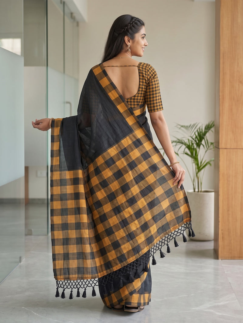 A woman wearing a black and mustard yellow checkered saree with a matching checkered blouse, shown from the back in a modern indoor setting.