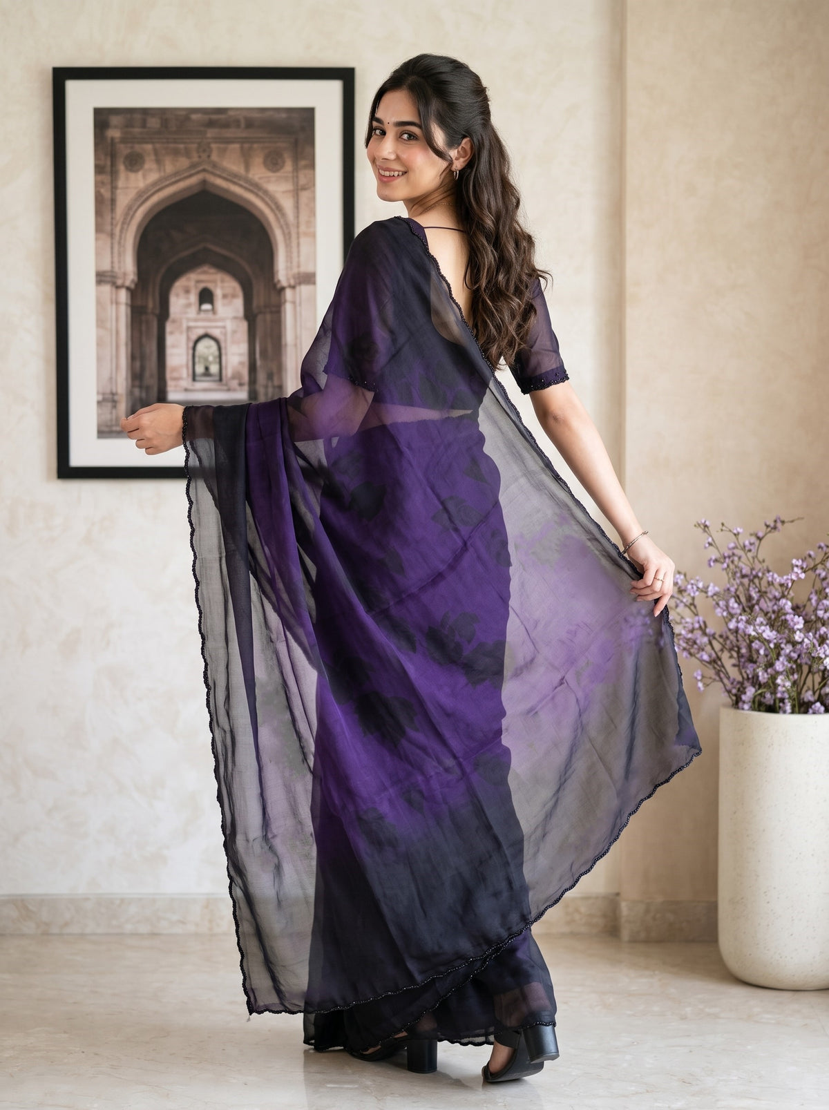 Organza Black Purple Ombre Saree with Tone on Tone Rose Floral Print and Black Stone Beaded Scalloped Border
