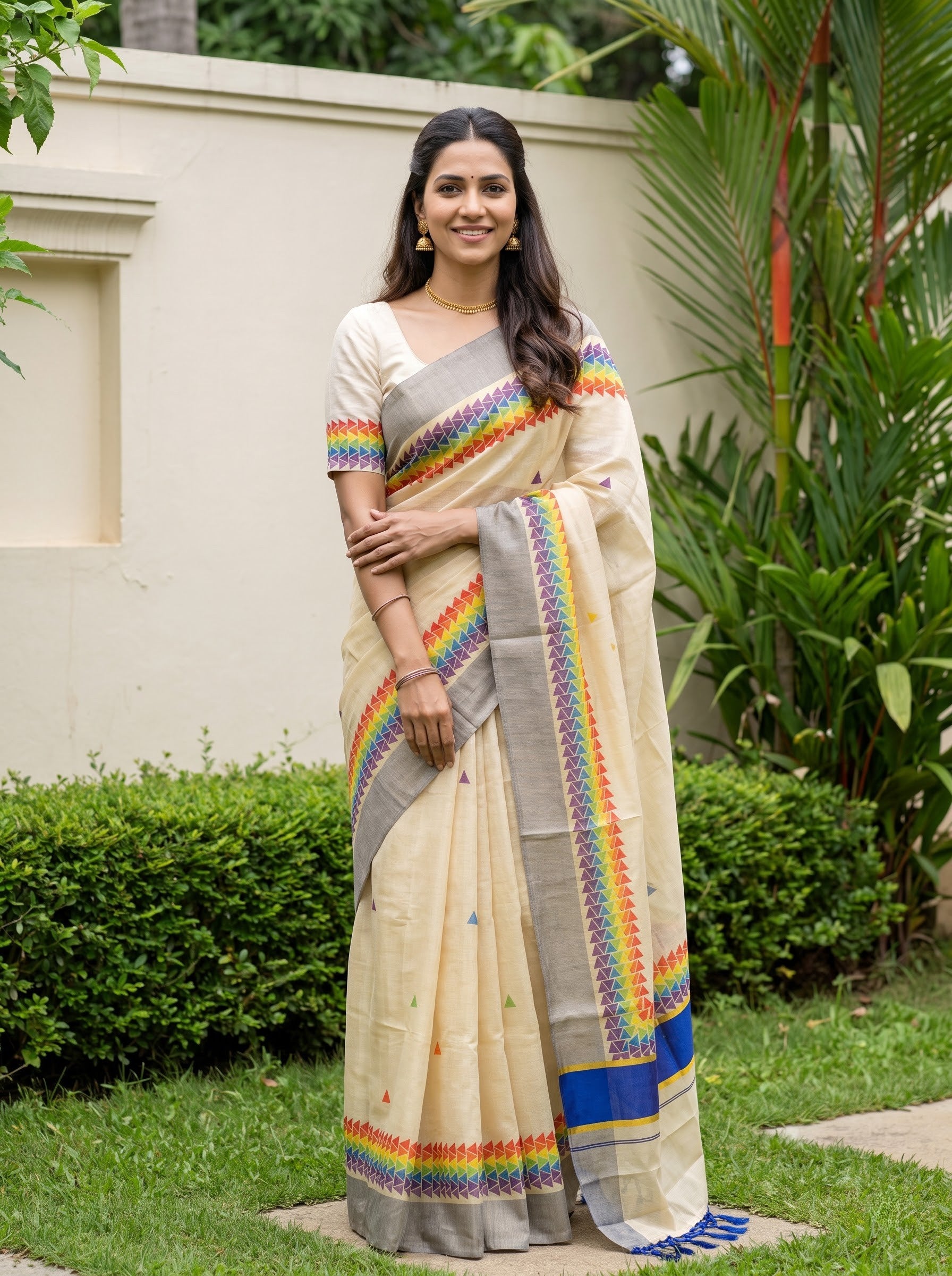 Tissue Cream Rainbow Triangle Print with Grey Border Onam Festive Kerala Saree