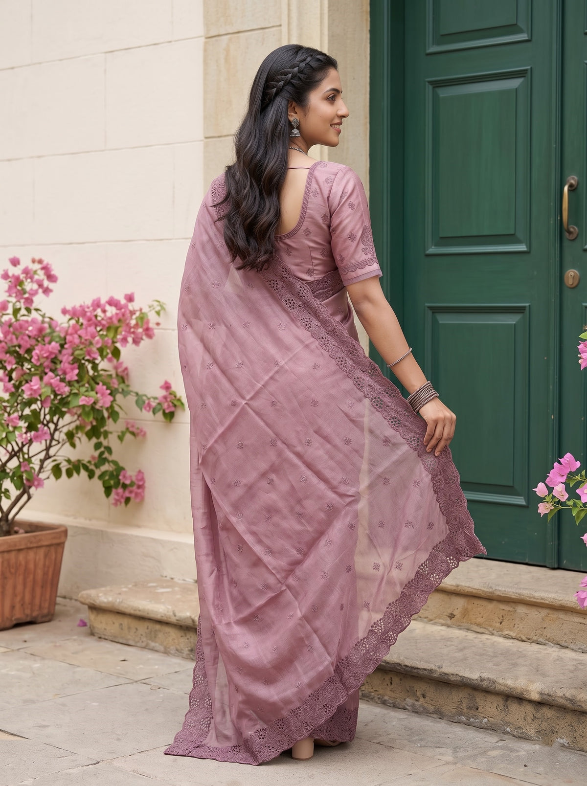 Tissue Silk Dusty Rose Floral Cutwork Lace Border Saree