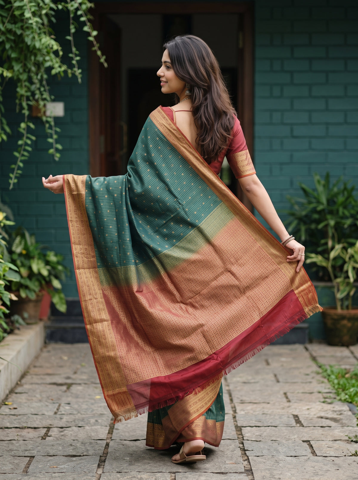 Semi Silk Saree in Bottle Green with Red Zari Woven Pallu and Zari Stripes